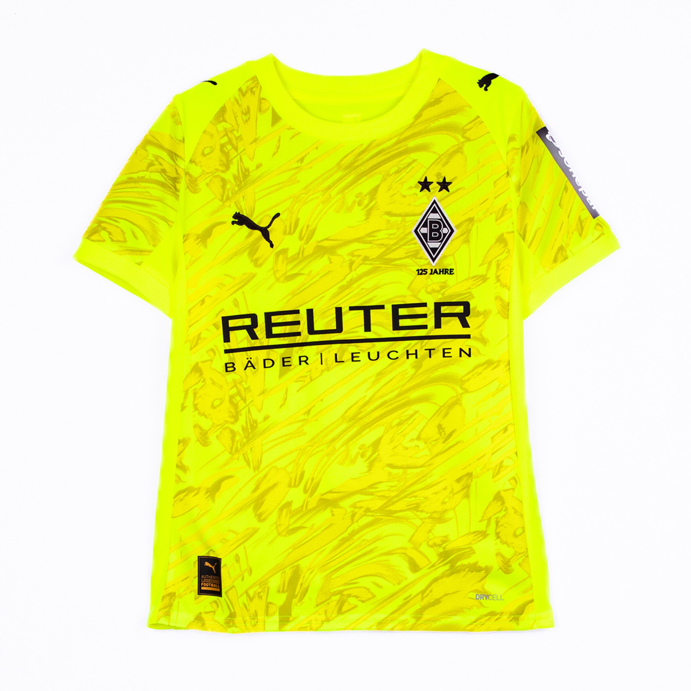 Gelbes Fußballtrikot von Borussia Mönchengladbach mit Puma-Logo und Sponsorenaufdruck.