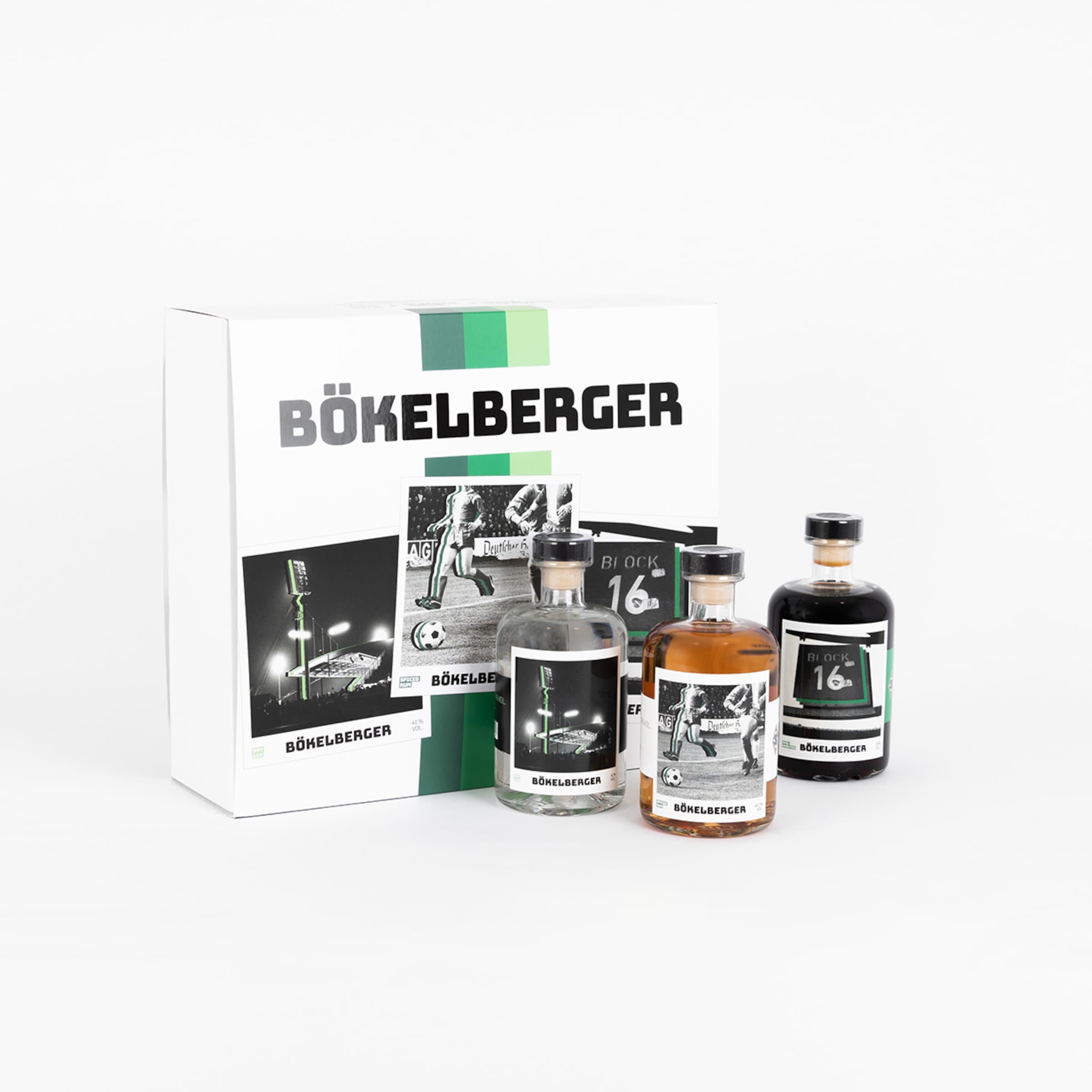 Geschenkset mit drei Flaschen Bökelberger Spirituosen.