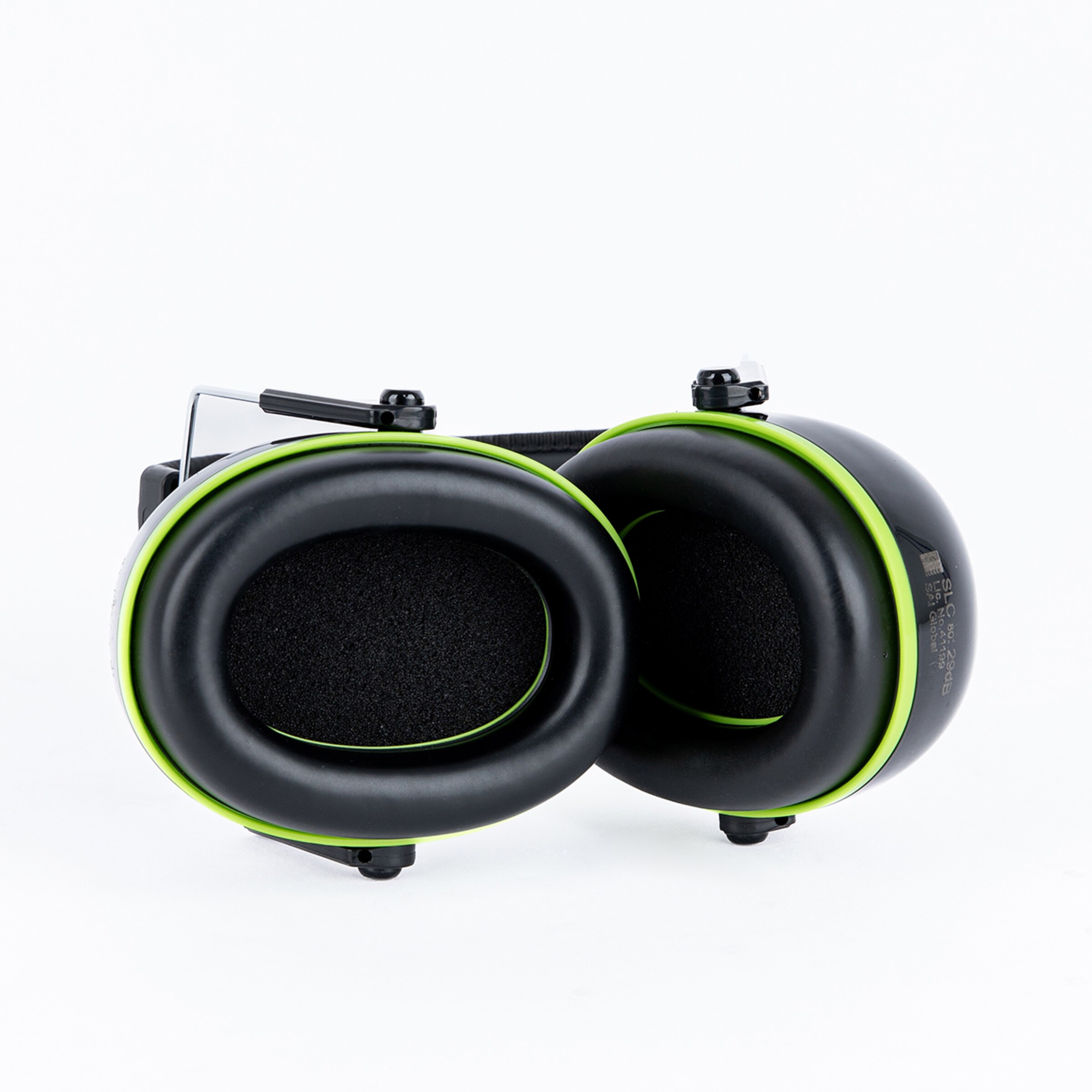 Schutzkopfhörer mit schwarzem Gehäuse und grünen Akzenten mit gepolsterten Ohrmuscheln.