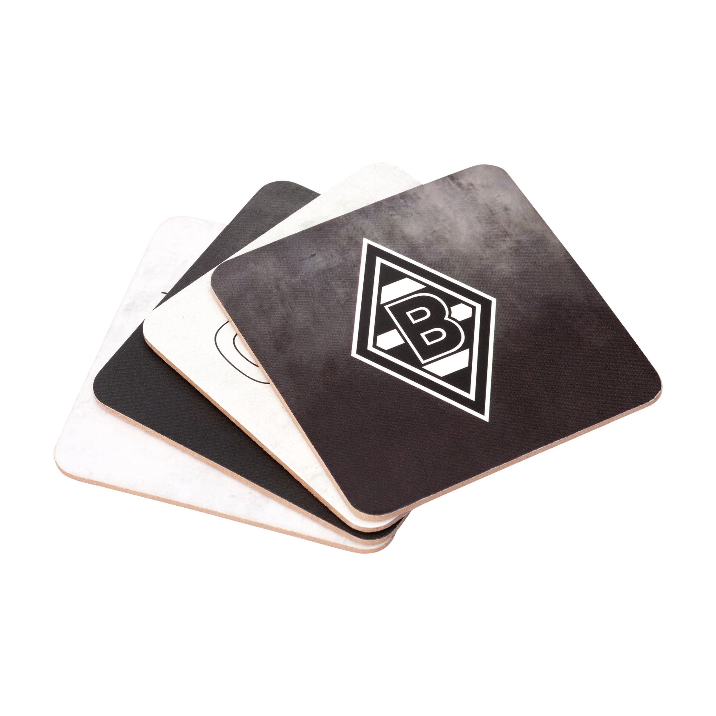 Set von Untersetzern mit Borussia Mönchengladbach-Logo und verschiedenen Designs.