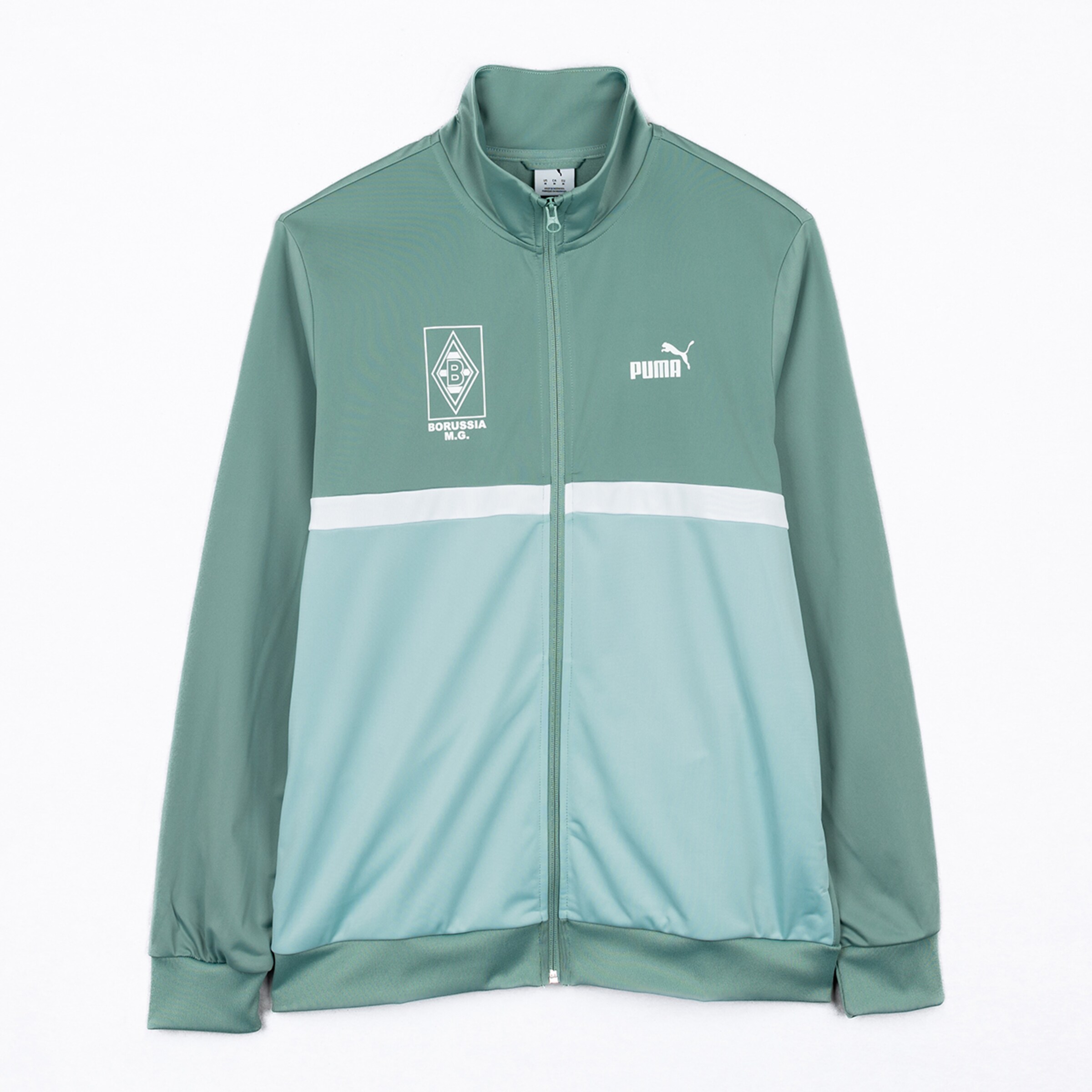 Track jacket in mint green featuring Borussia Mönchengladbach logo and Puma branding.
