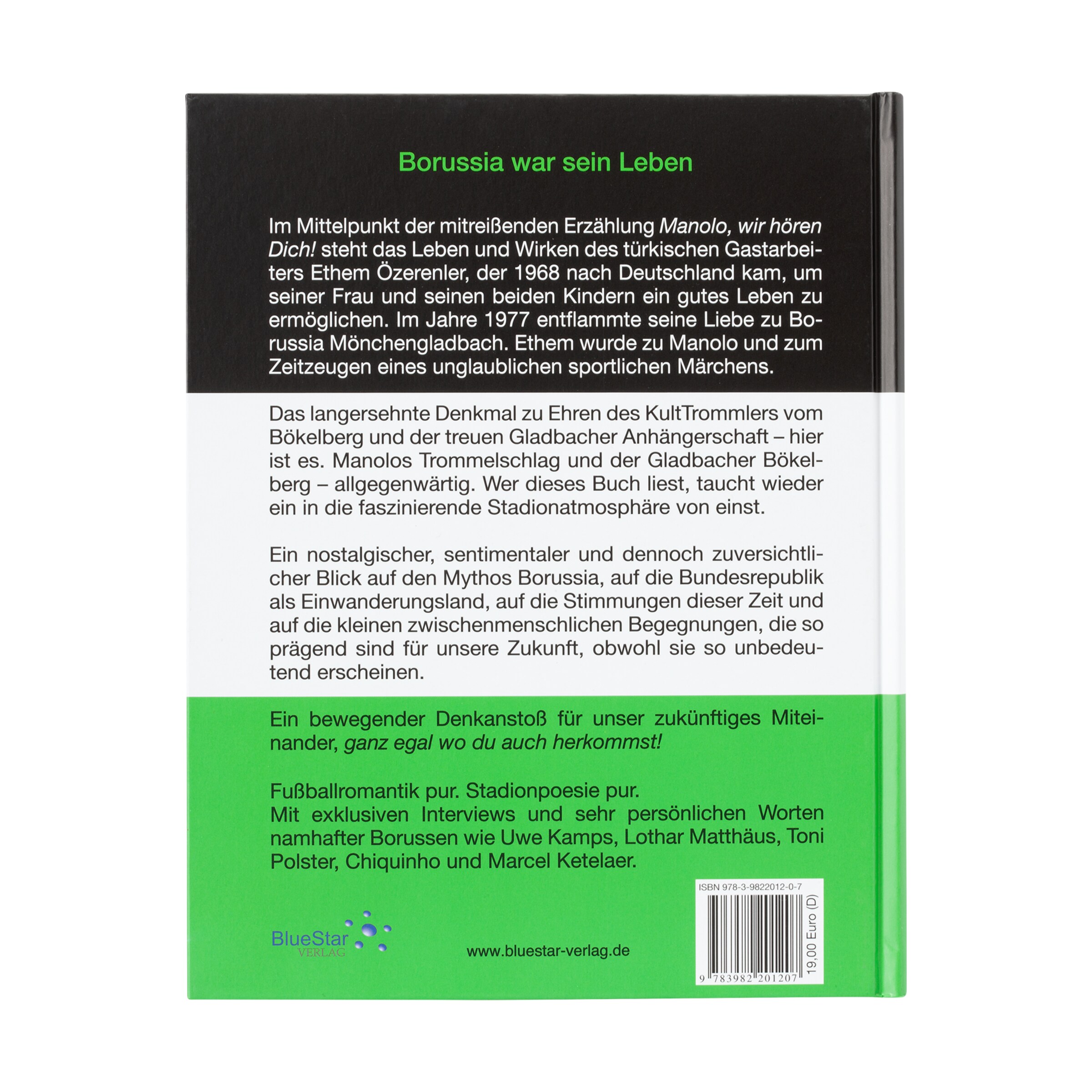 Rückseite eines Buches über Borussia Mönchengladbach mit Text zur Geschichte und Bedeutung des Vereins.