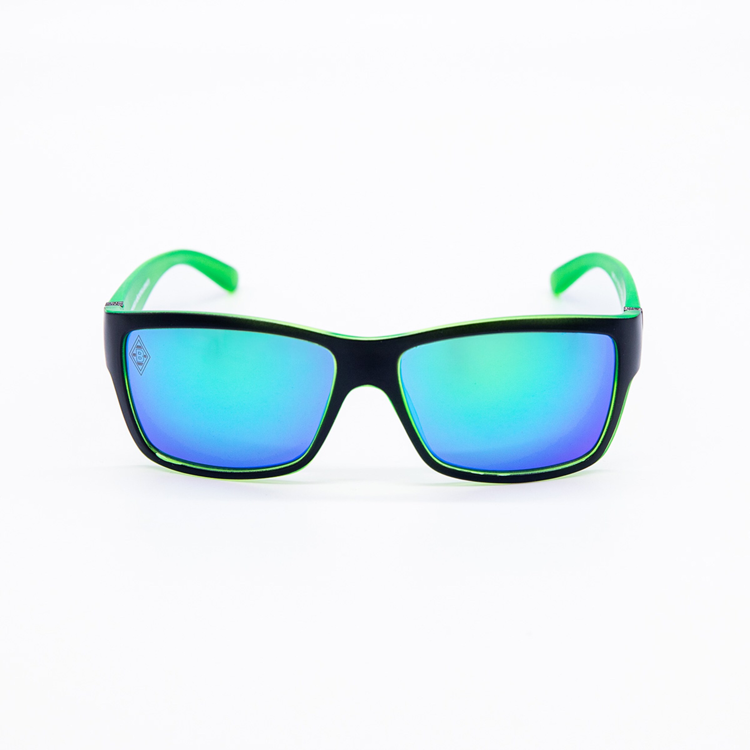 Black sunglasses with green accents and mirrored lenses.