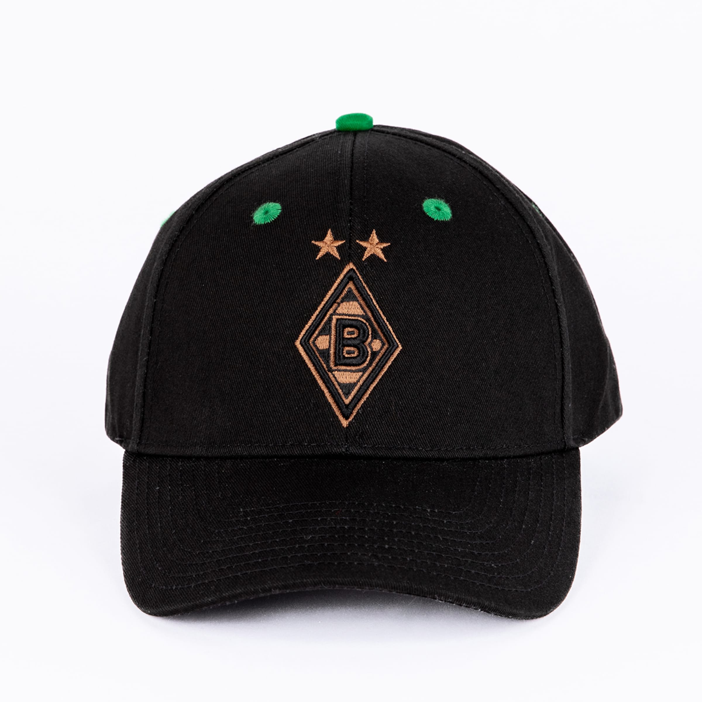 Schwarze Baseballkappe mit goldbesticktem Borussia Mönchengladbach Logo, zwei Sternen und grünen Akzenten an Knopf und Luftlöchern.