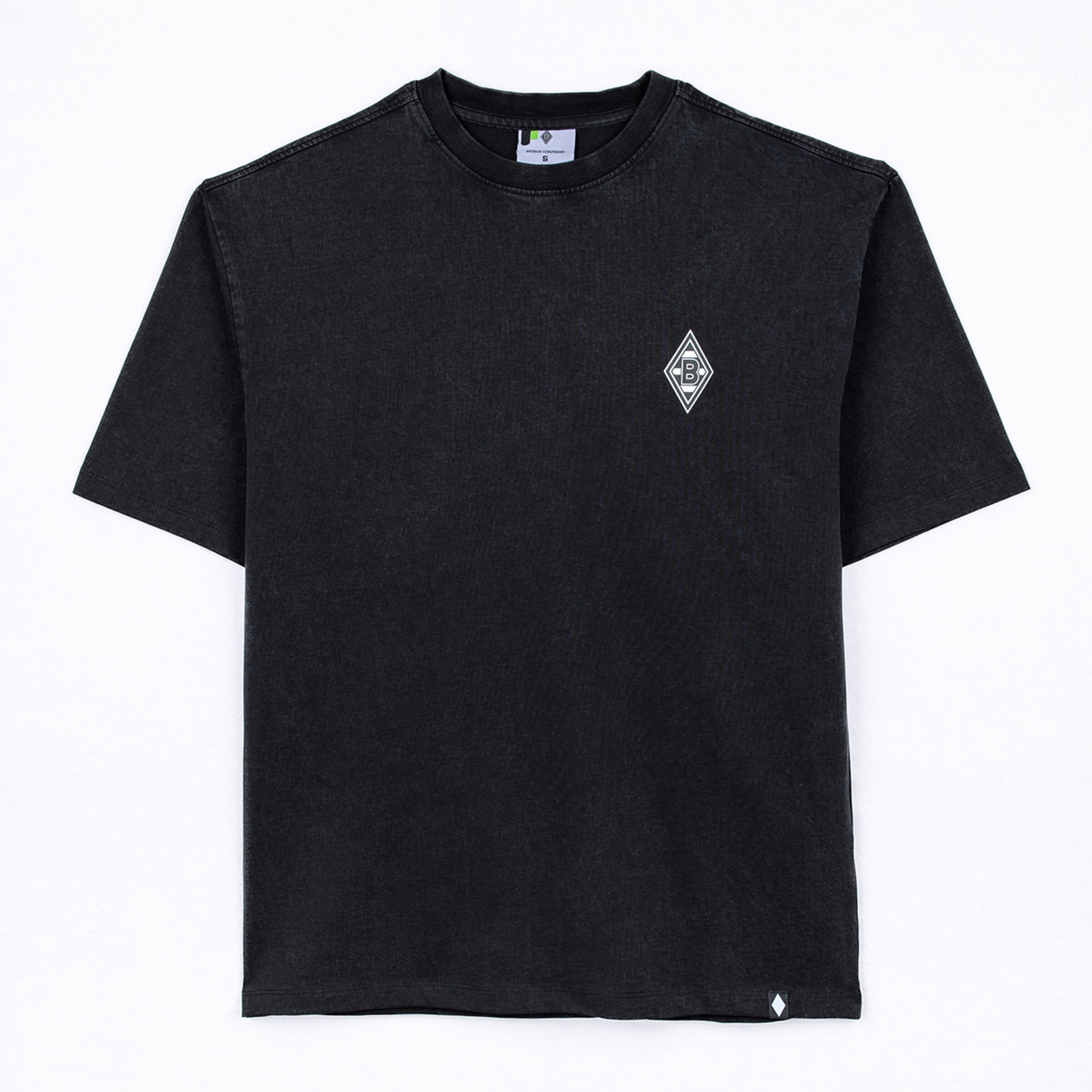 Oversized washed black t-shirt with a white Borussia Mönchengladbach diamond logo on the chest.