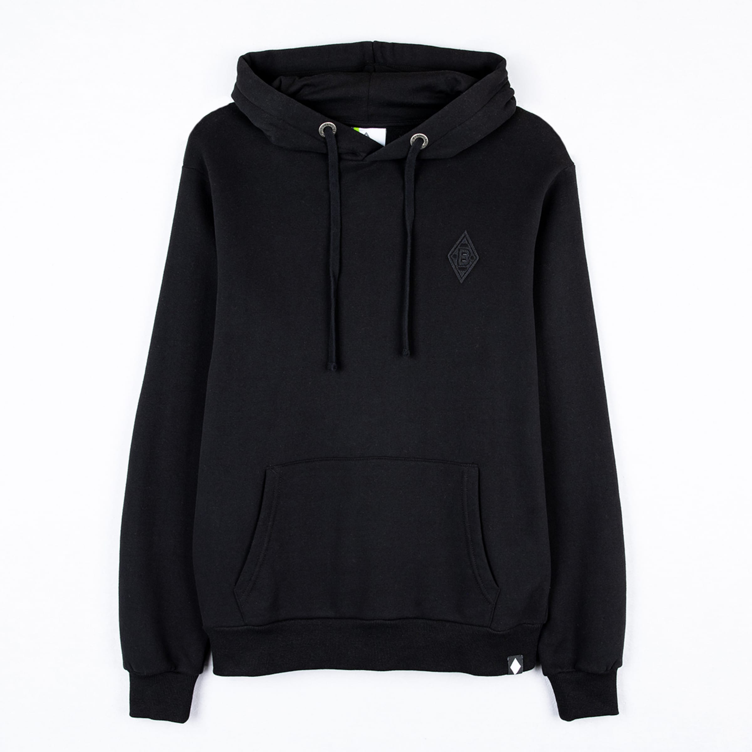 Schwarzer Kapuzenpullover mit Logo von Borussia Mönchengladbach auf der Brust.