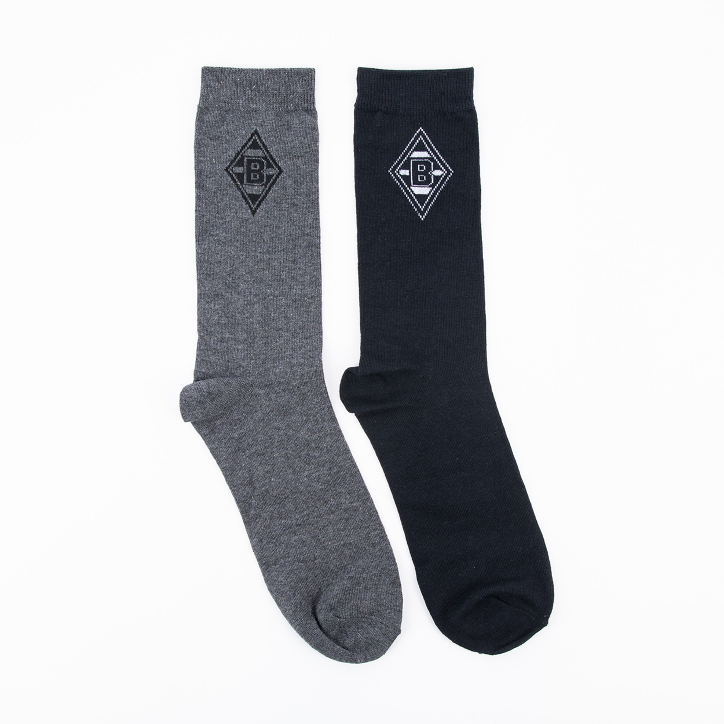 Grau und schwarzes Paar Socken mit Borussia Mönchengladbach Logo.