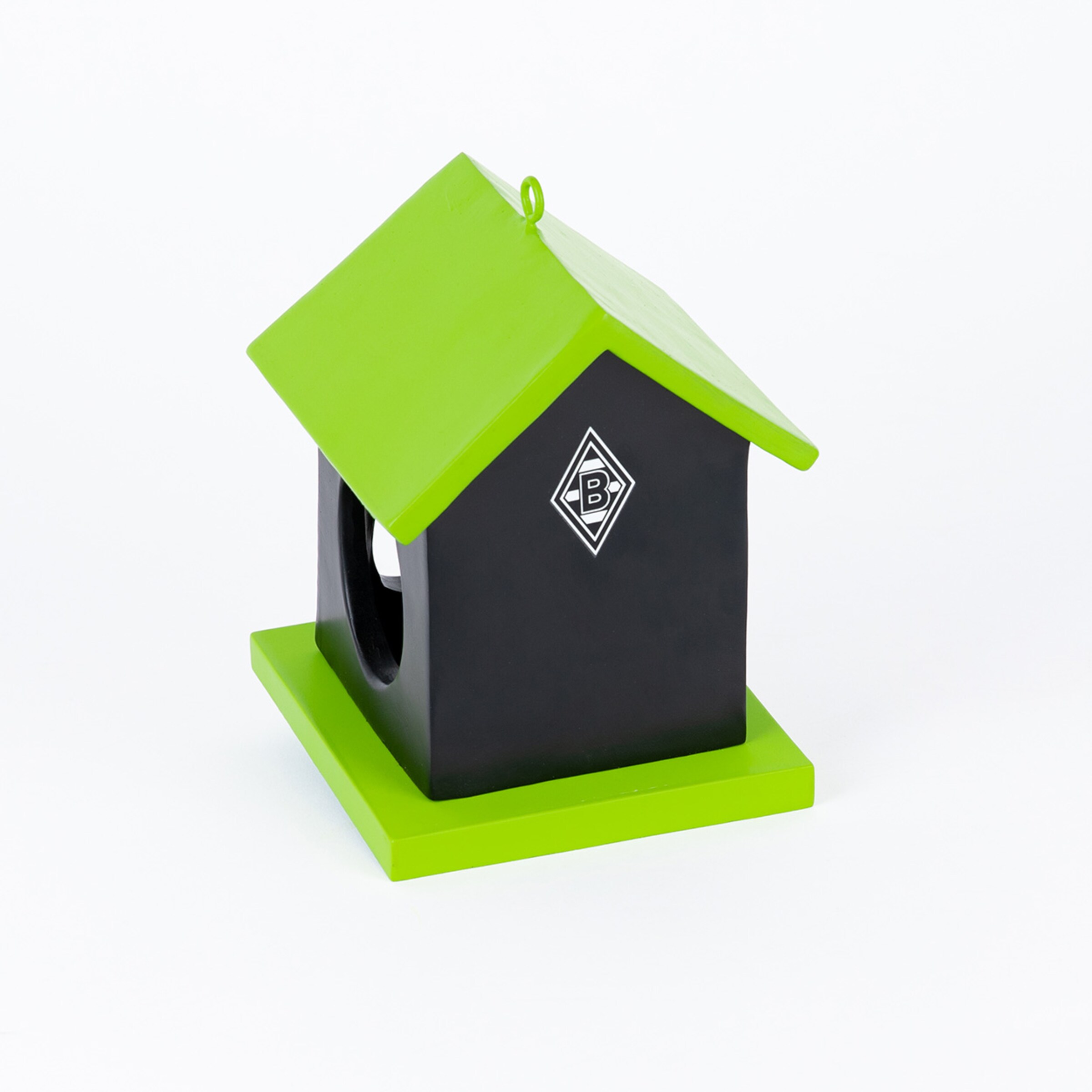 Vogelhaus in Form eines Hauses hauptsächlich in Schwarz und Grün mit Borussia Mönchengladbach-Logo.