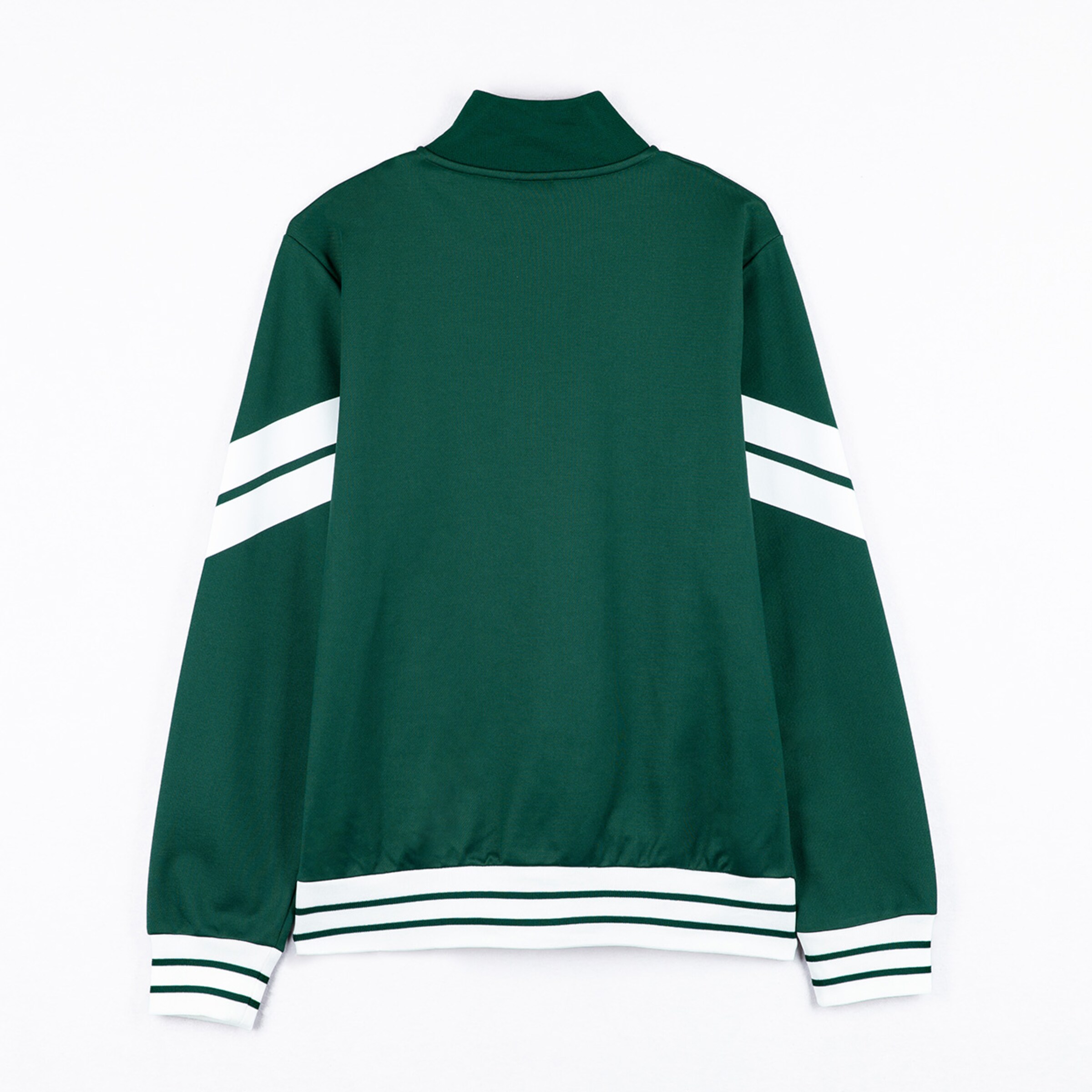 Grüne Sportjacke mit weißen Streifen an den Ärmeln und am Saum.