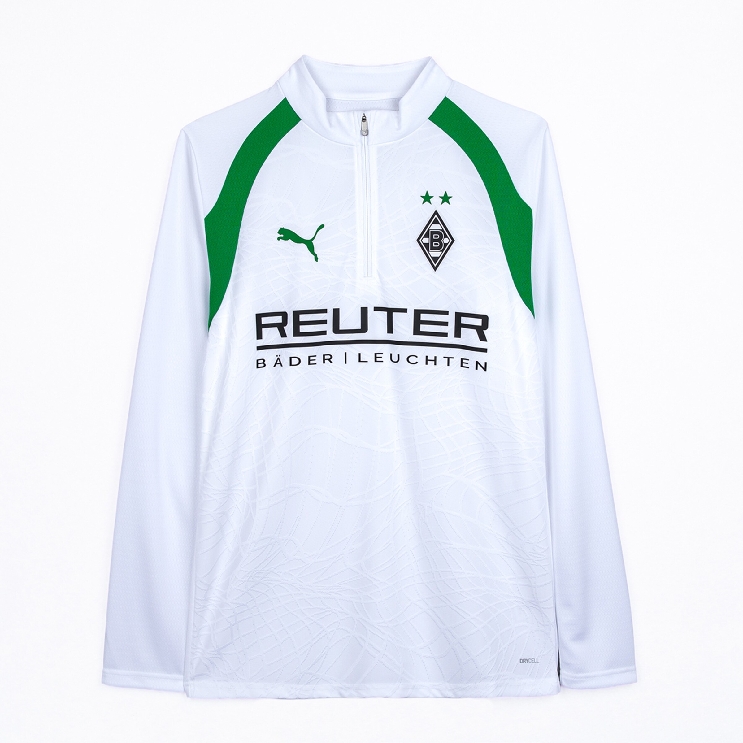White long-sleeved football training top with a quarter zip. Features green Puma logo, Borussia Mönchengladbach crest with two stars, and 'REUTER' sponsor in black. Green panels are on the shoulders.