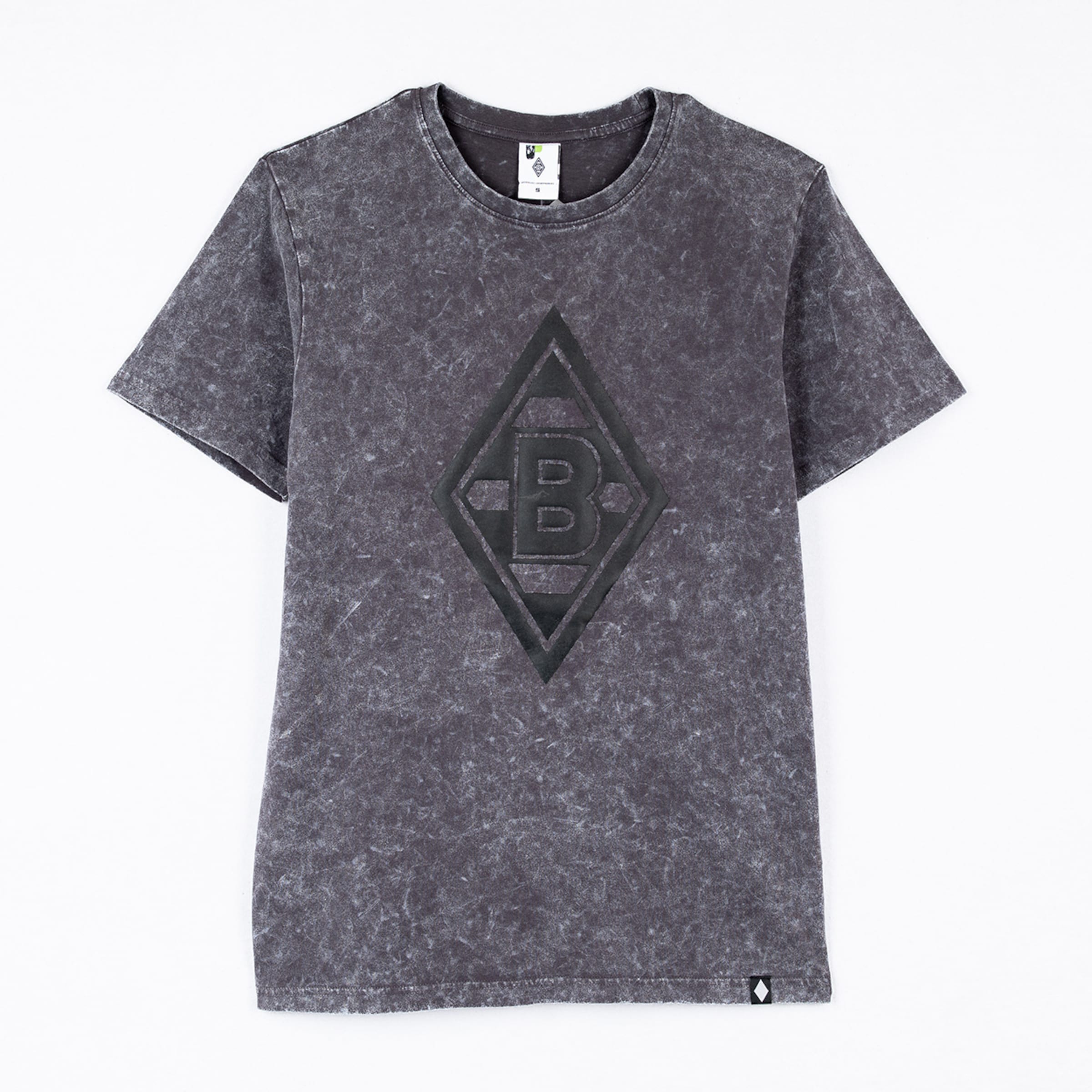 Dunkelgraues T-Shirt mit Acid-Wash-Effekt und großem, schwarzem Borussia Mönchengladbach Rauten-Logo auf der Vorderseite.