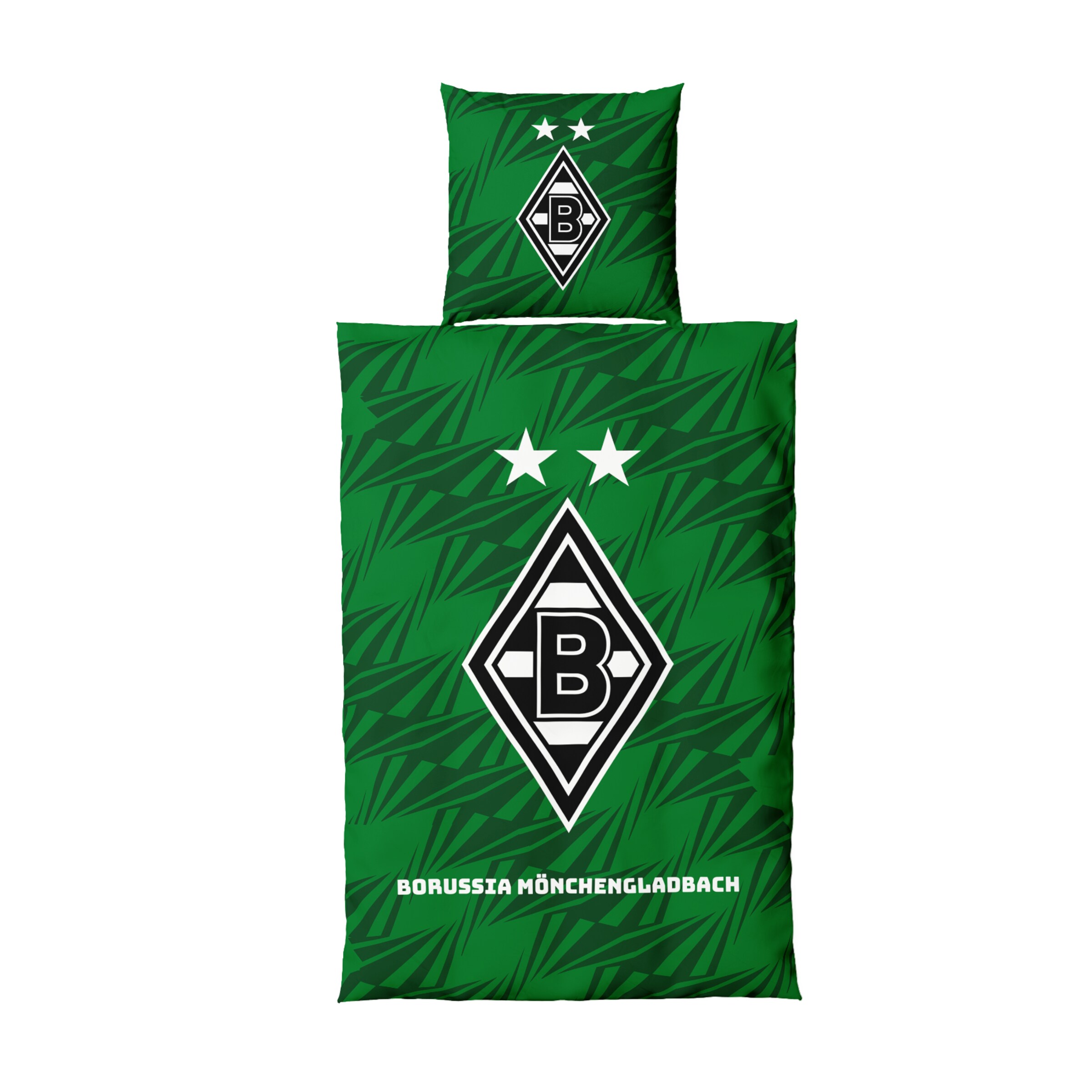 Bettbezug-Set mit Borussia Mönchengladbach-Logo und grünem Blattmuster.