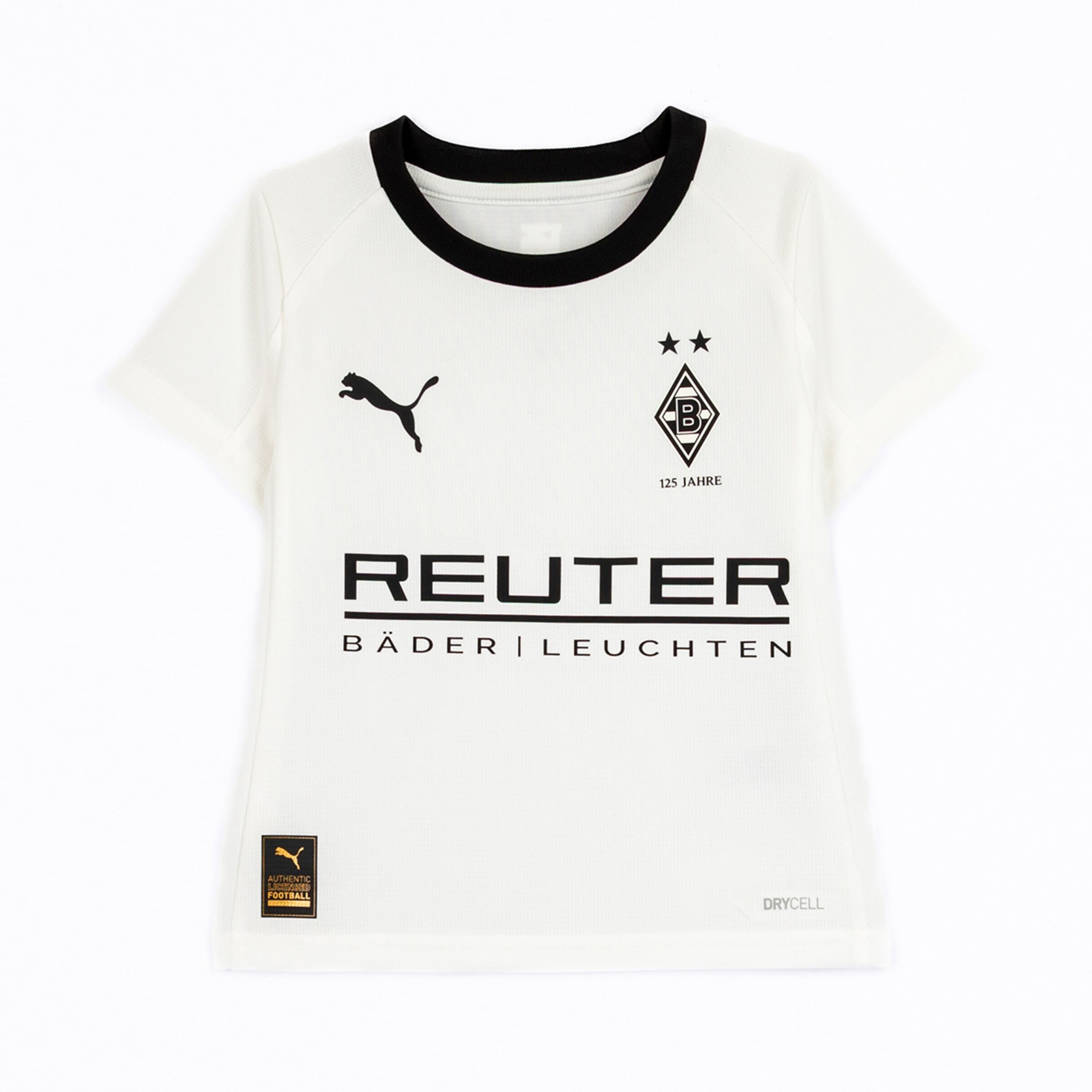 Weißes Borussia Mönchengladbach-Trikot mit Puma-Logo und Sponsorenaufdruck.