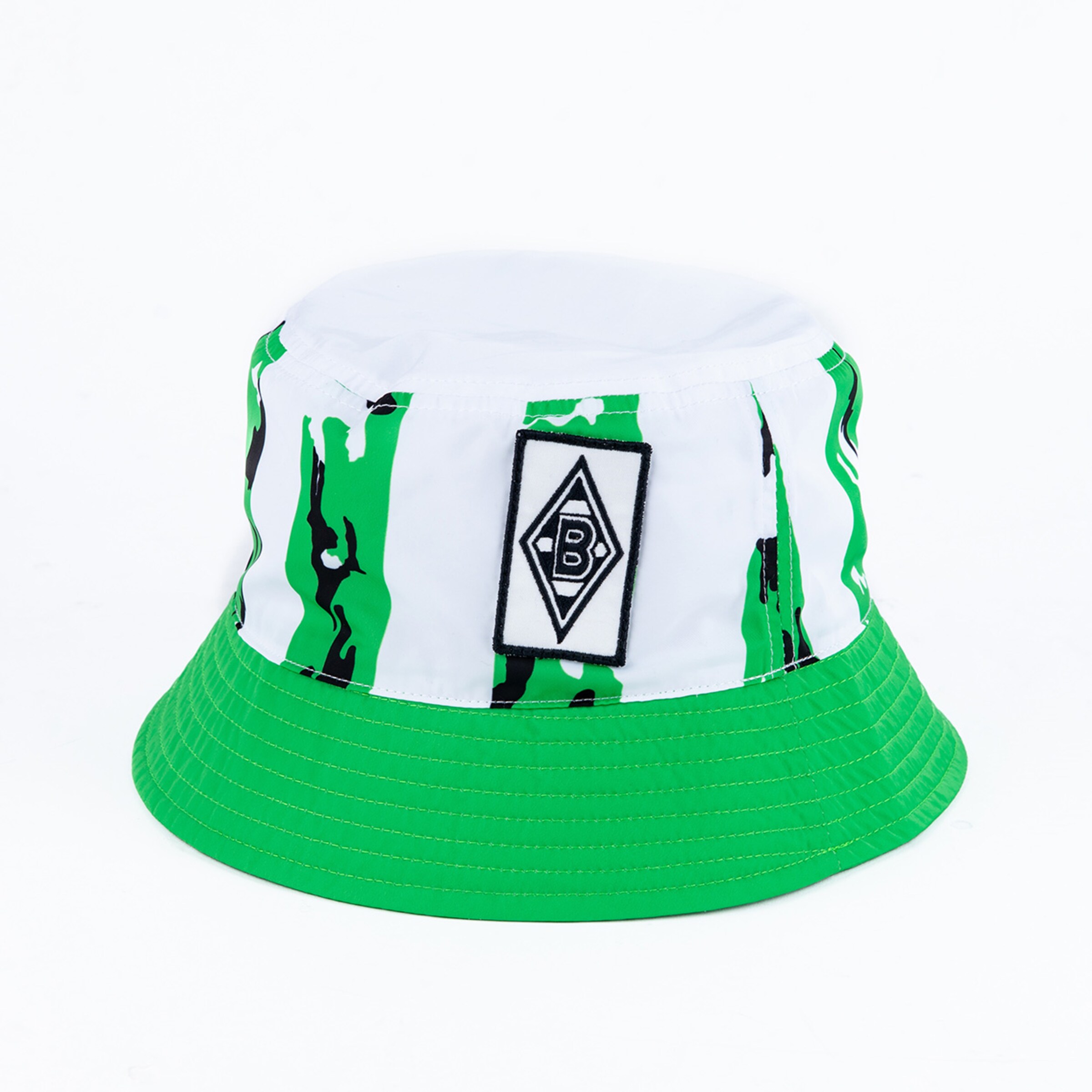 Grüner und weißer Bucket Hat mit Borussia Mönchengladbach Logo.