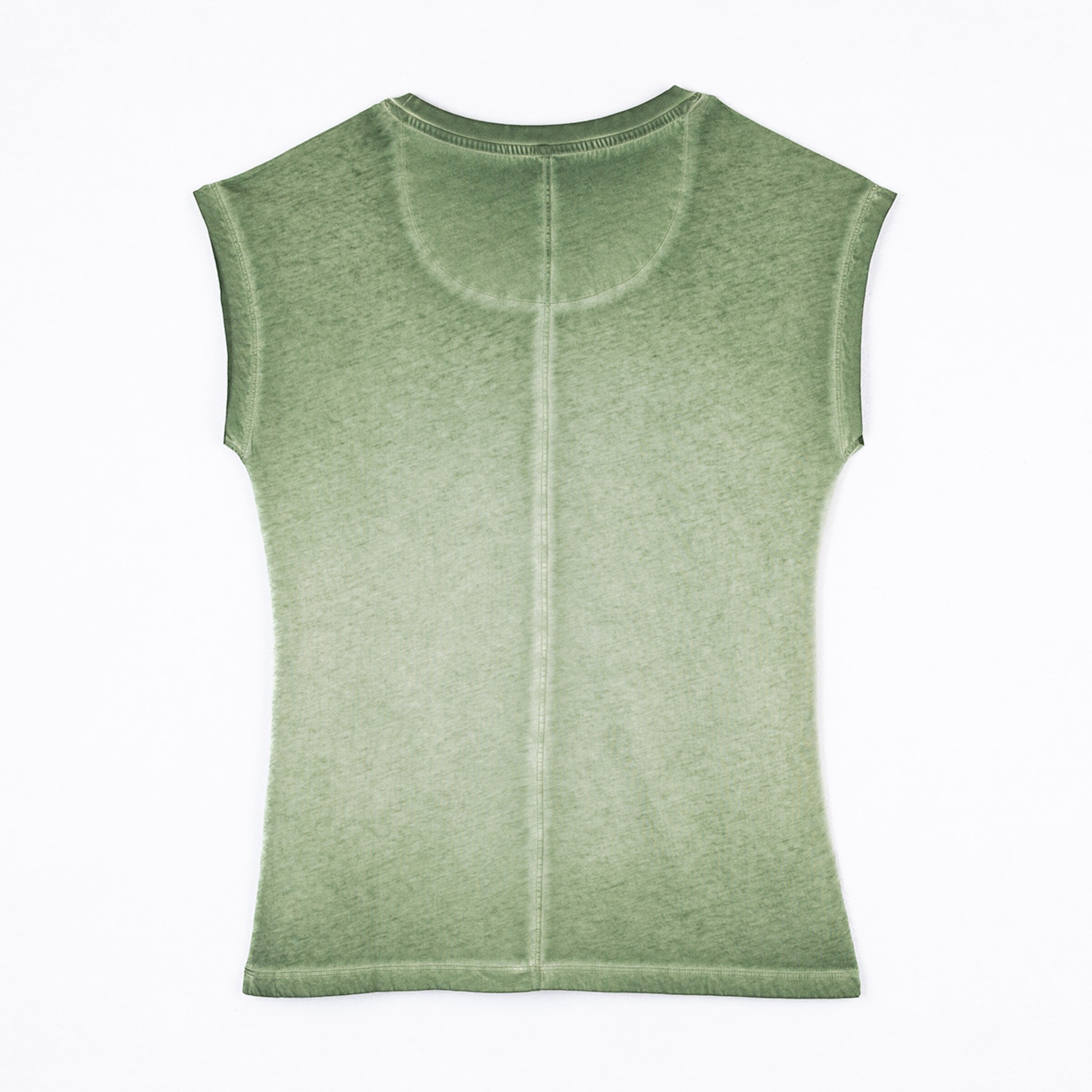 Rückansicht eines ärmellosen graugrünen T-Shirts mit Rundhalsausschnitt und nahtlosem Design.