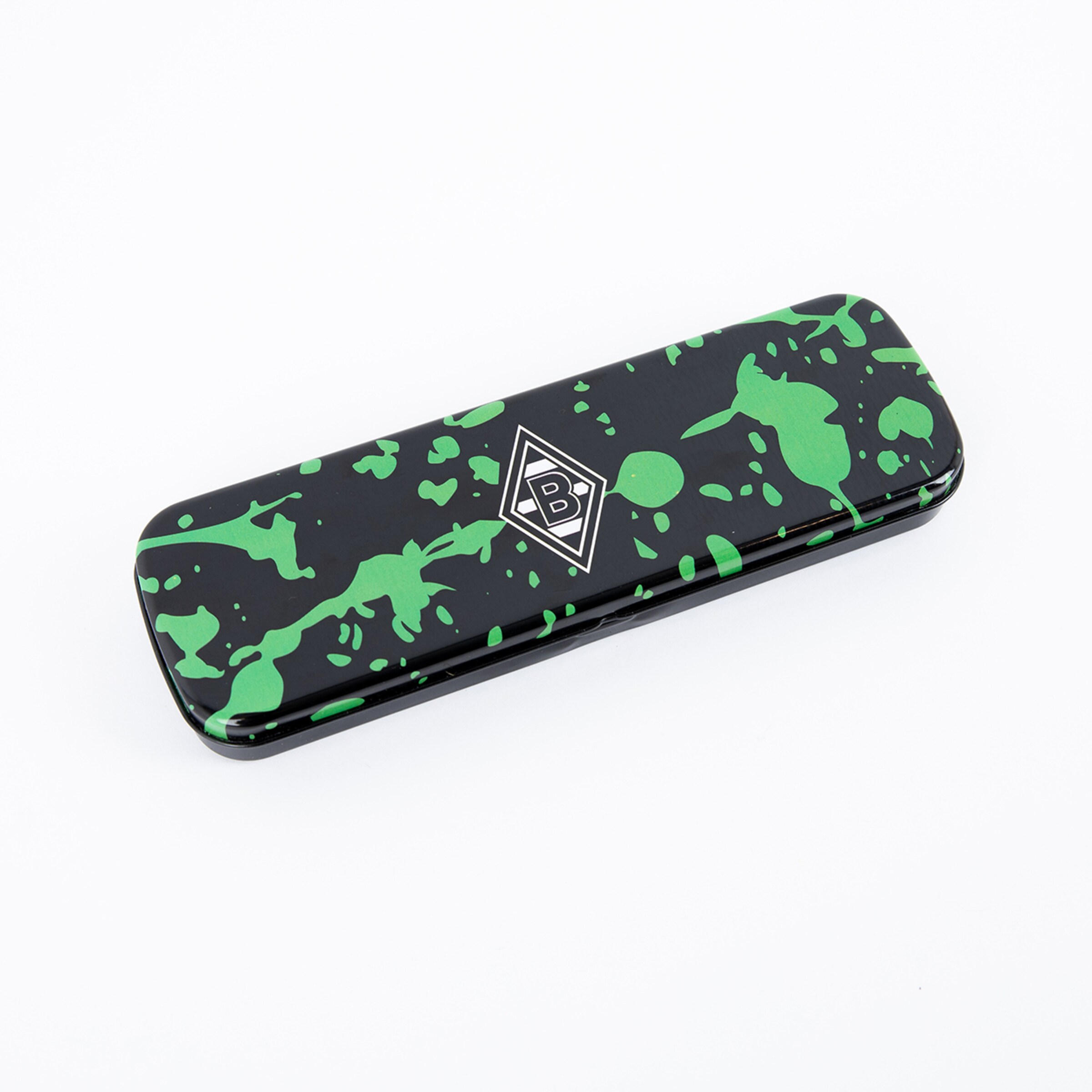 Schwarzes Etui mit grünem Spritzmuster und Borussia Mönchengladbach-Logo