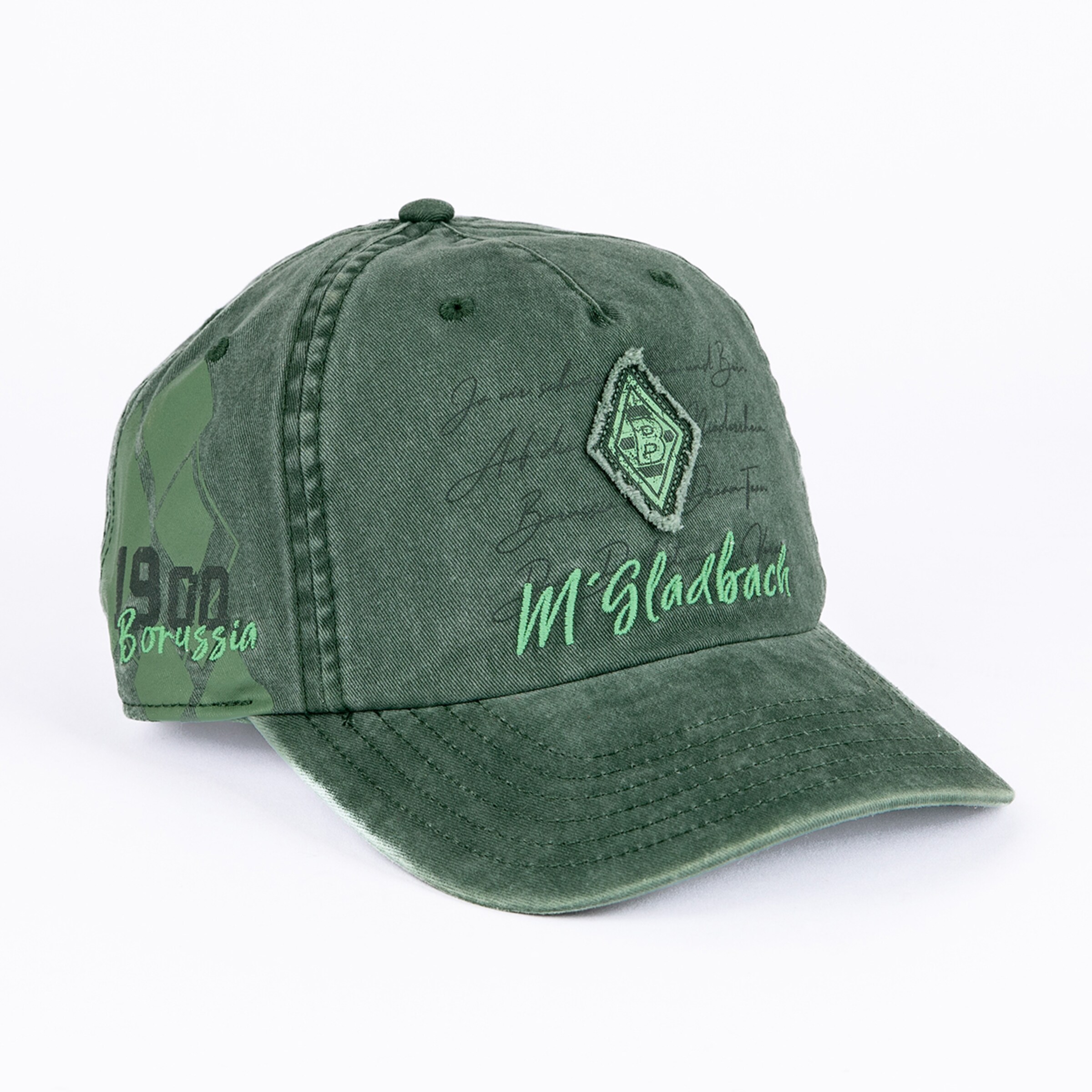 Grüne Borussia Mönchengladbach Cap im Vintage-Stil mit „M'Gladbach“-Schriftzug, Rautenlogo und seitlichem „1900 Borussia“-Print.