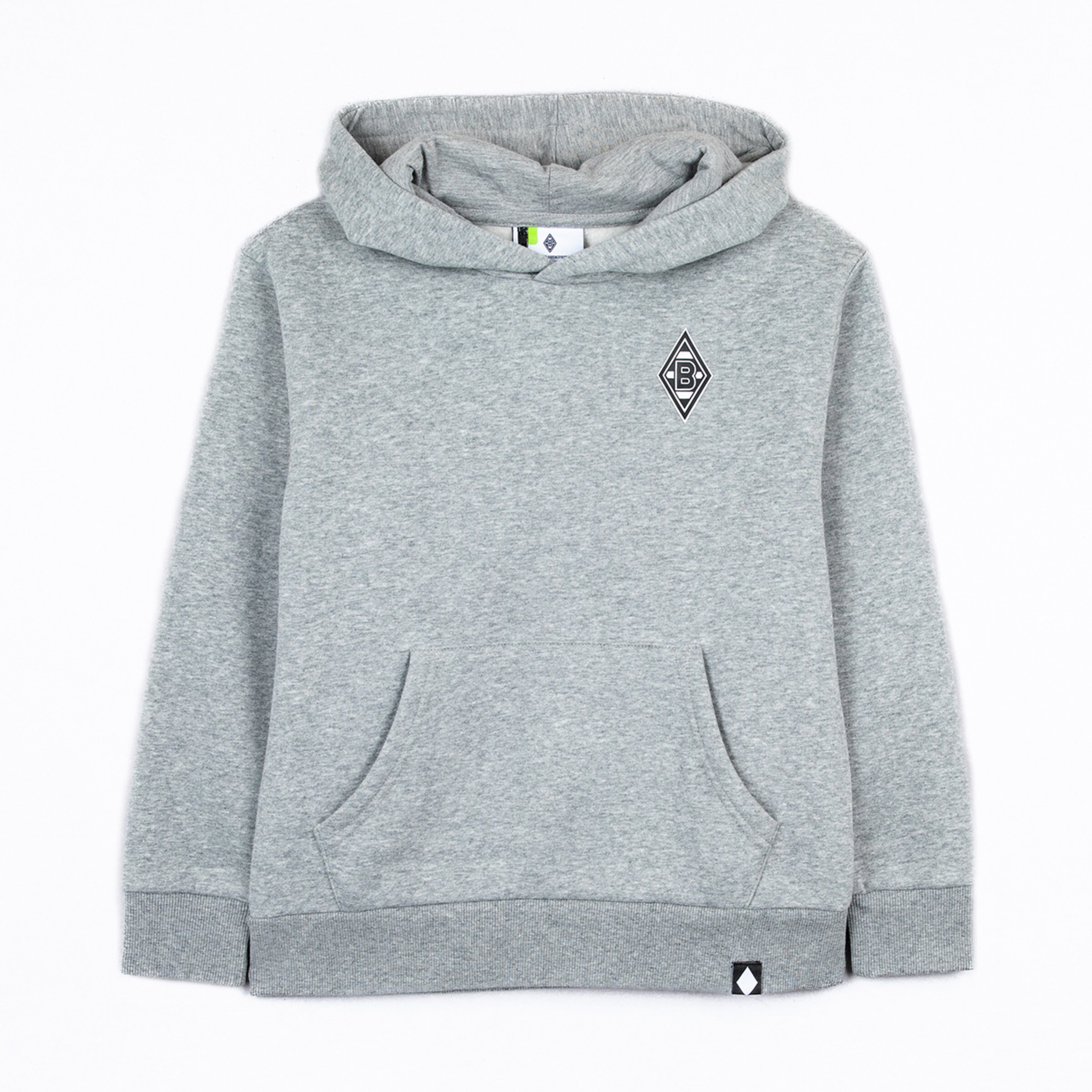 Grauer Hoodie mit Kapuze zentralem Kängurutasche und Vereinslogo von Borussia Mönchengladbach.