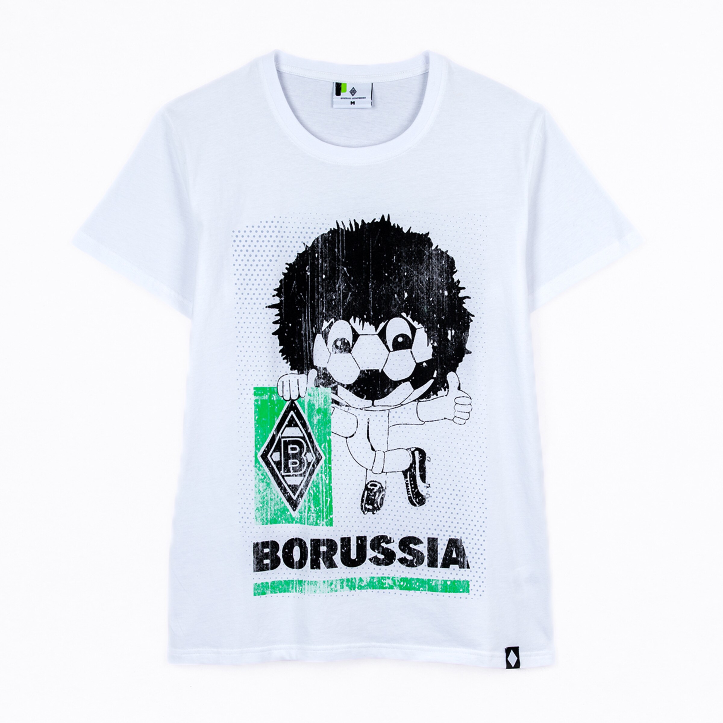 Weißes T-Shirt mit einem Motiv von Jünter und dem Schriftzug BORUSSIA.