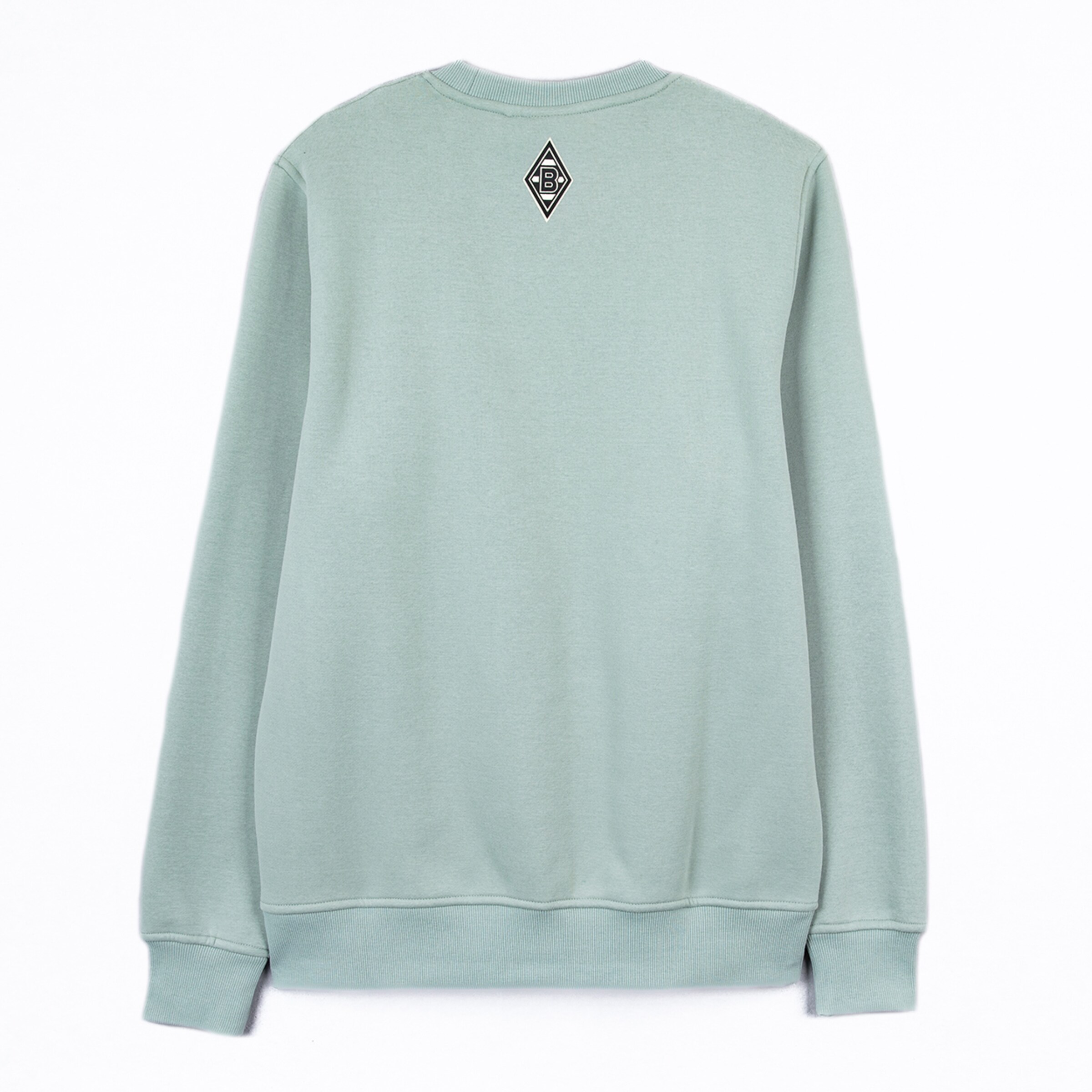 Rückansicht eines hellgrünen Sweatshirts mit dem Borussia Mönchengladbach Logo.