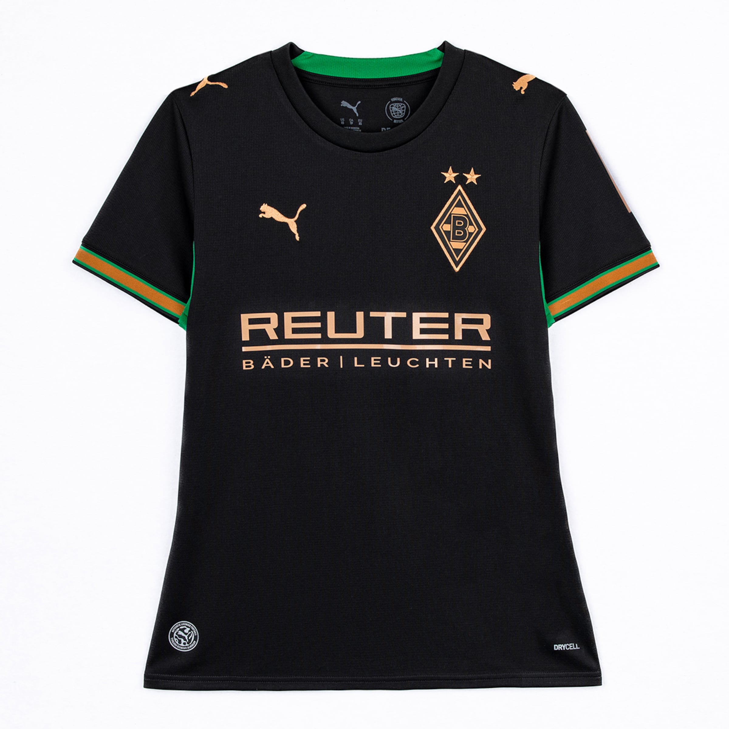 Schwarzes Borussia Mönchengladbach Trikot mit goldenem Wappen, Sponsor und grün-goldenen Akzenten an Ärmeln und Kragen.
