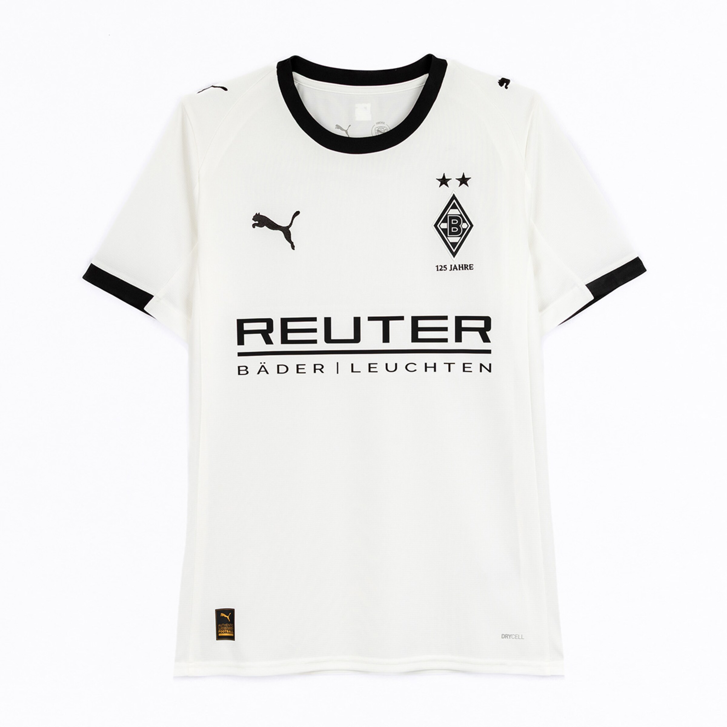 Weißes Borussia Mönchengladbach Trikot mit schwarzem Logo und Schriftzug