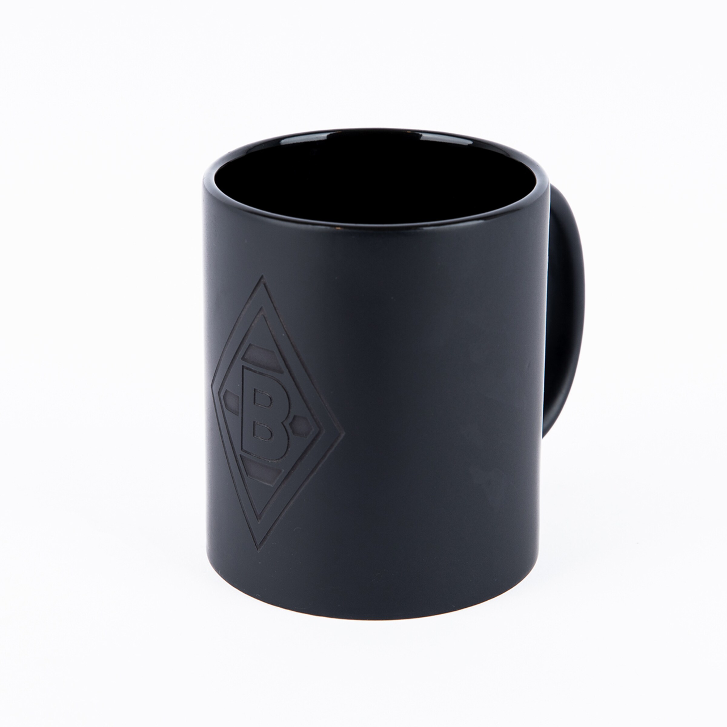Black mug with embossed Borussia Mönchengladbach logo.