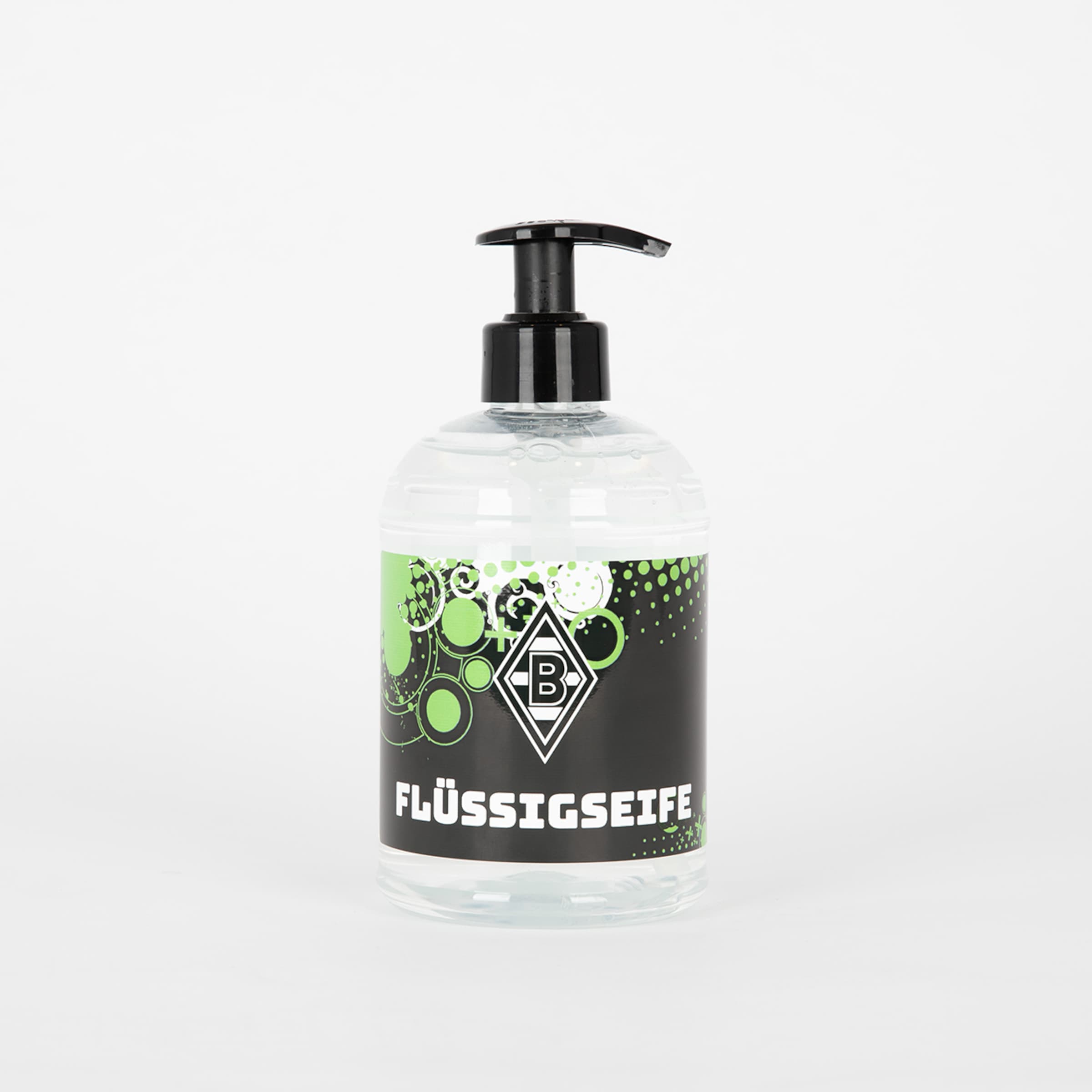 Flüssigseife in einem Pumpspender mit Borussia Mönchengladbach-Logo.