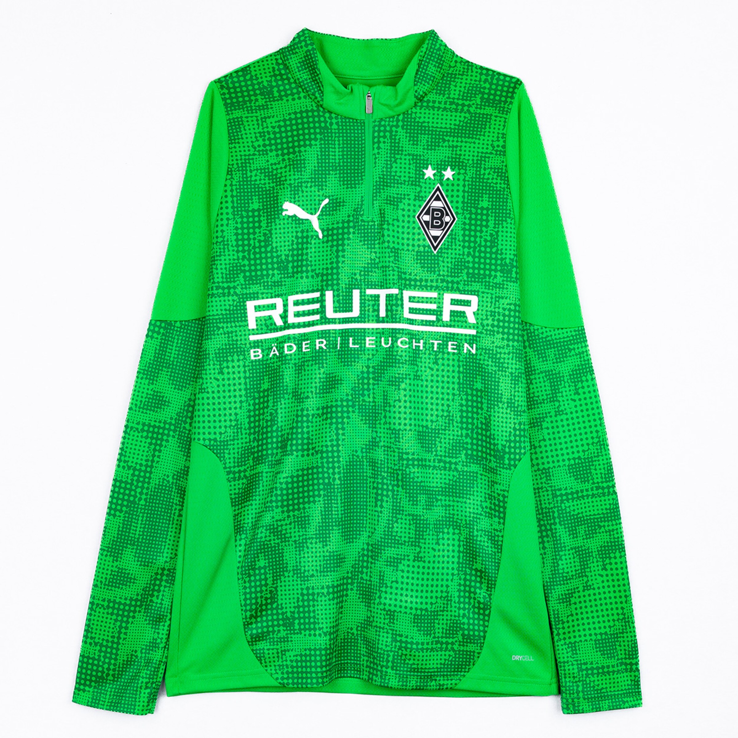 Grüner Trainingspullover von Borussia Mönchengladbach mit PUMA-Logo und REUTER-Sponsorenaufdruck.