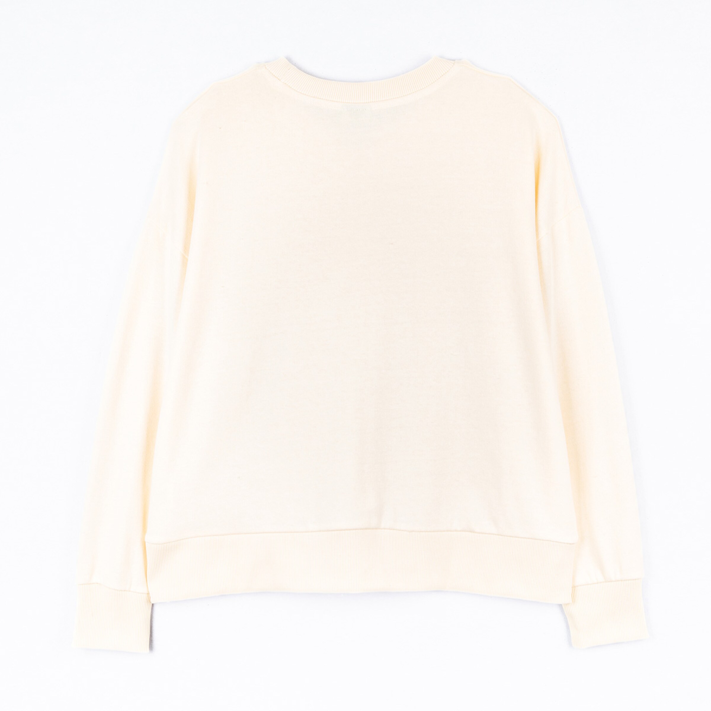 Beige Sweatshirt von hinten lange Ärmel Rundhalsausschnitt.