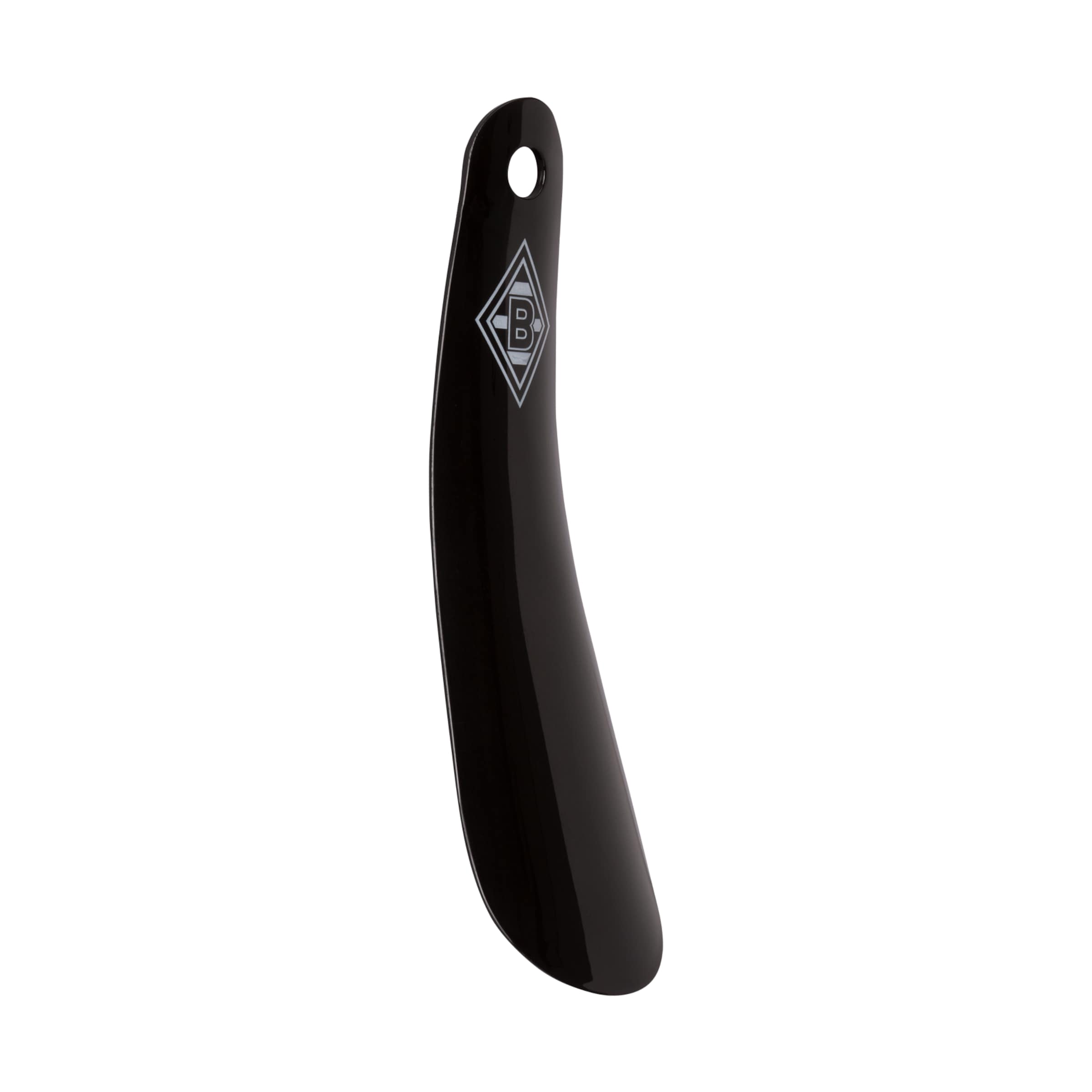 Black Borussia Mönchengladbach shoehorn featuring the club's diamond logo and a hanging hole at the top.