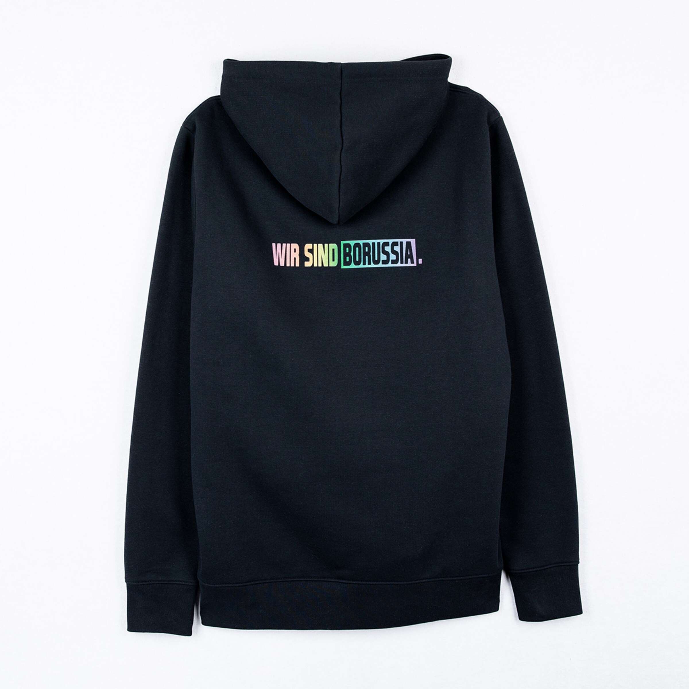 Schwarzer Hoodie mit dem Schriftzug WIR SIND BORUSSIA. auf der Rückseite.