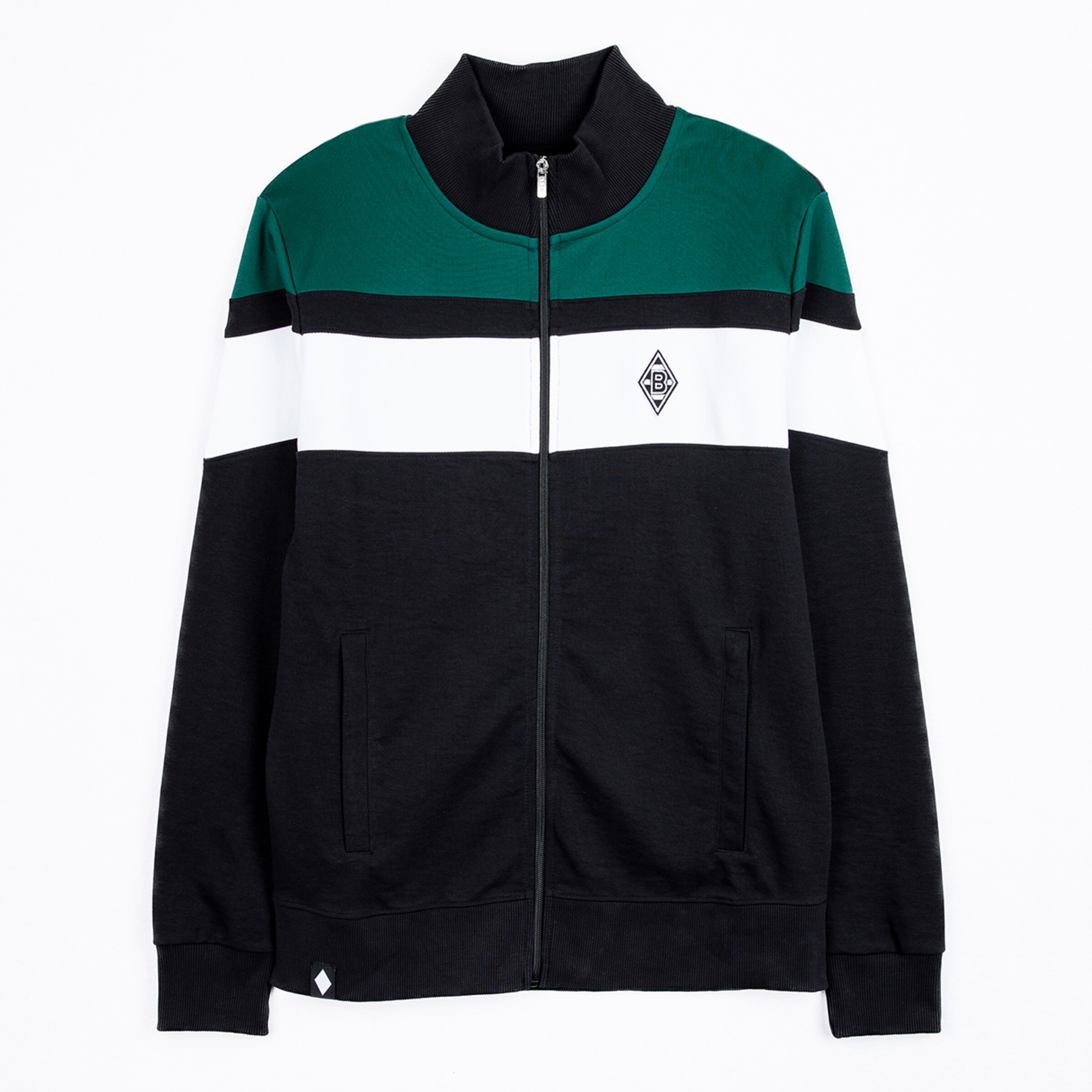 Schwarze Jacke mit grünen weißen und schwarzen Streifen Borussia Mönchengladbach Logo auf der Brust.