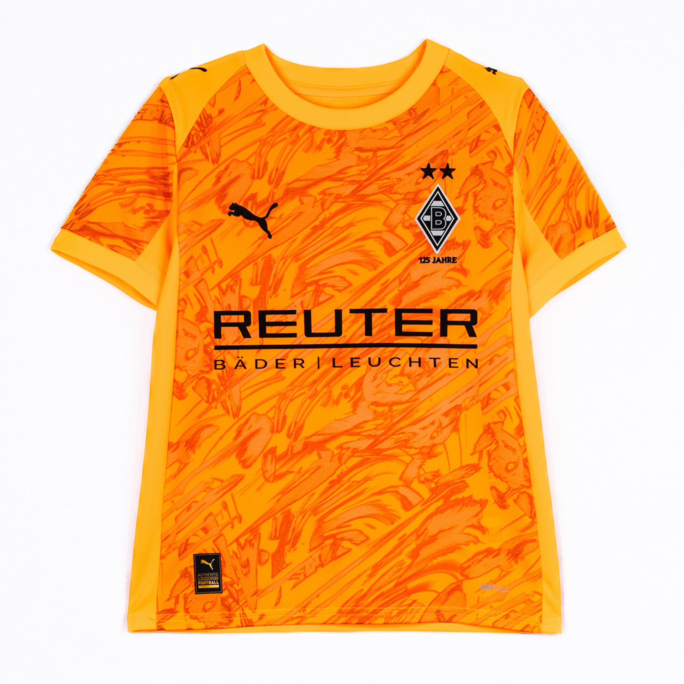 Jersey der Borussia Mönchengladbach in leuchtendem Orange mit schwarzem Logo und Schriftzug.