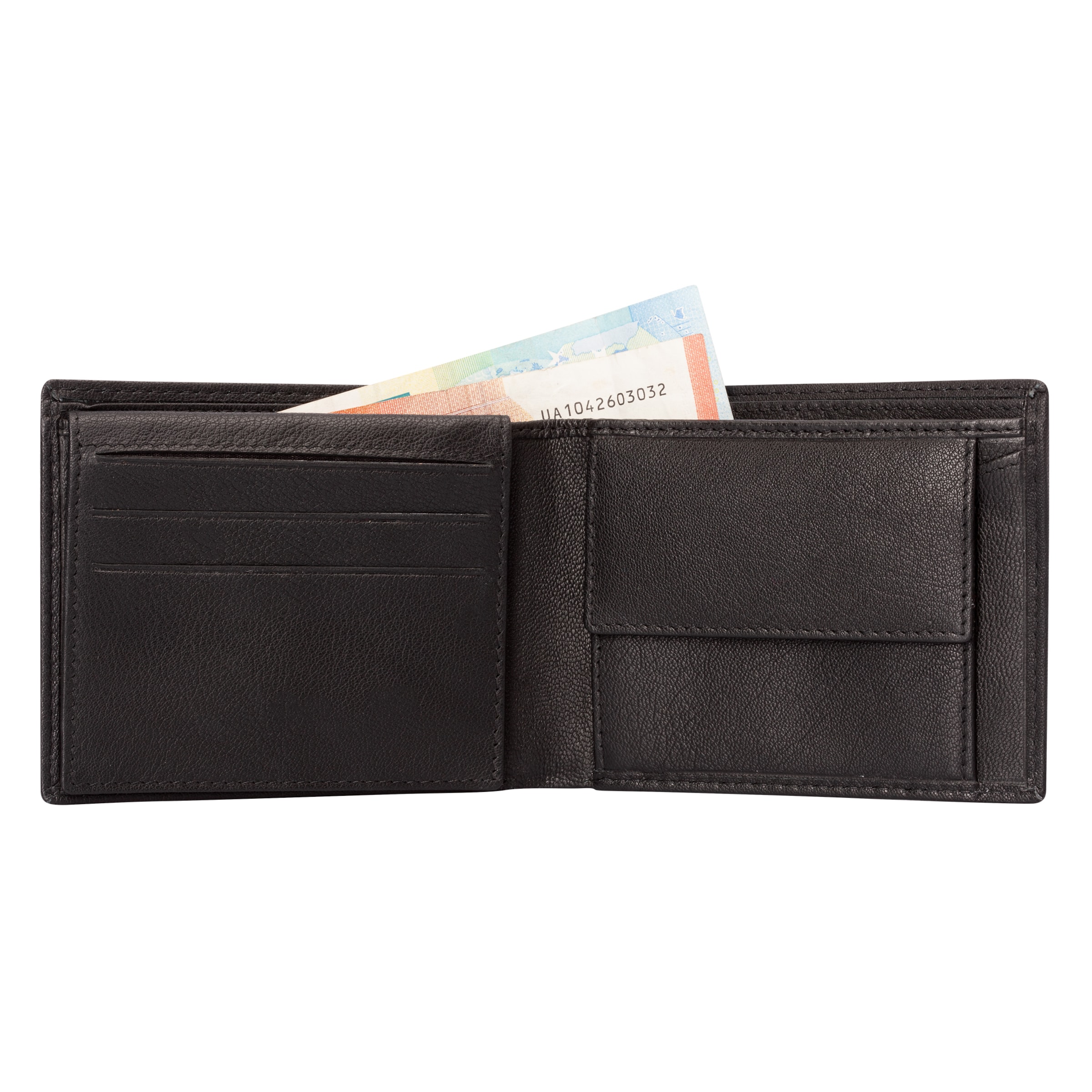 Offenes dunkelbraunes Lederportemonnaie mit einem Euro-Geldschein im Fach vor weißem Hintergrund.