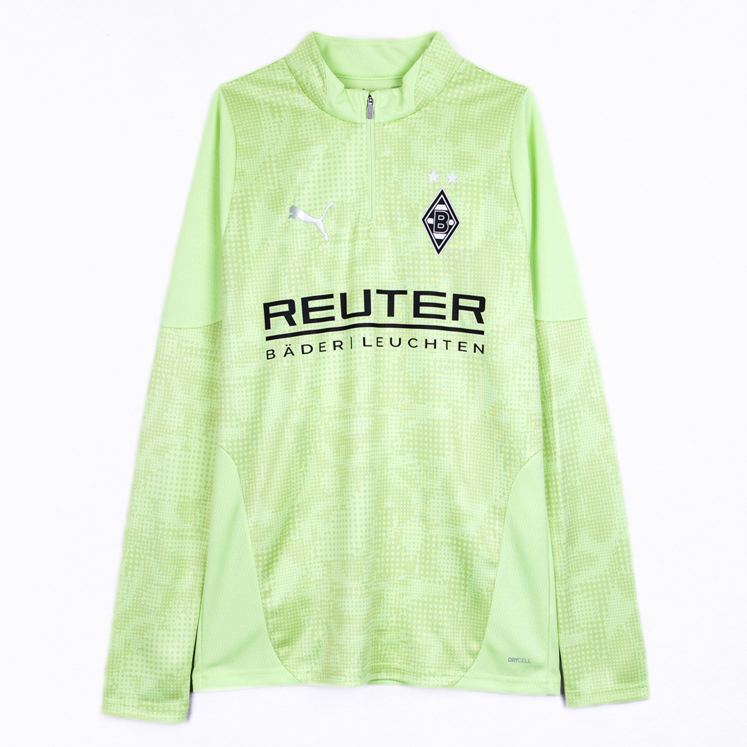 Langarmtrikot in Hellgrün mit Reuter-Logo und Borussia Mönchengladbach-Emblem.