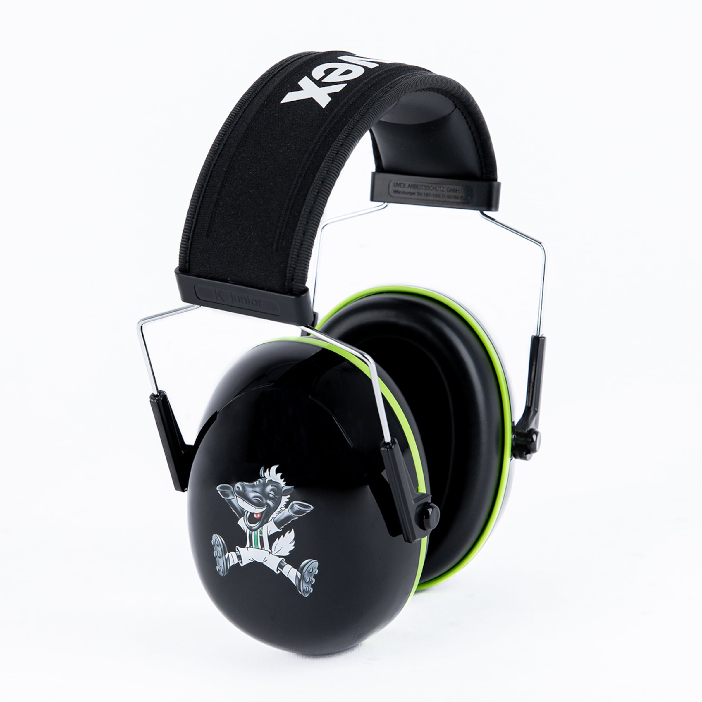 Schwarzer uvex K junior Kapselgehörschutz für Kinder mit neongrünen Akzenten und MSV Duisburg Ennatz-Maskottchen.