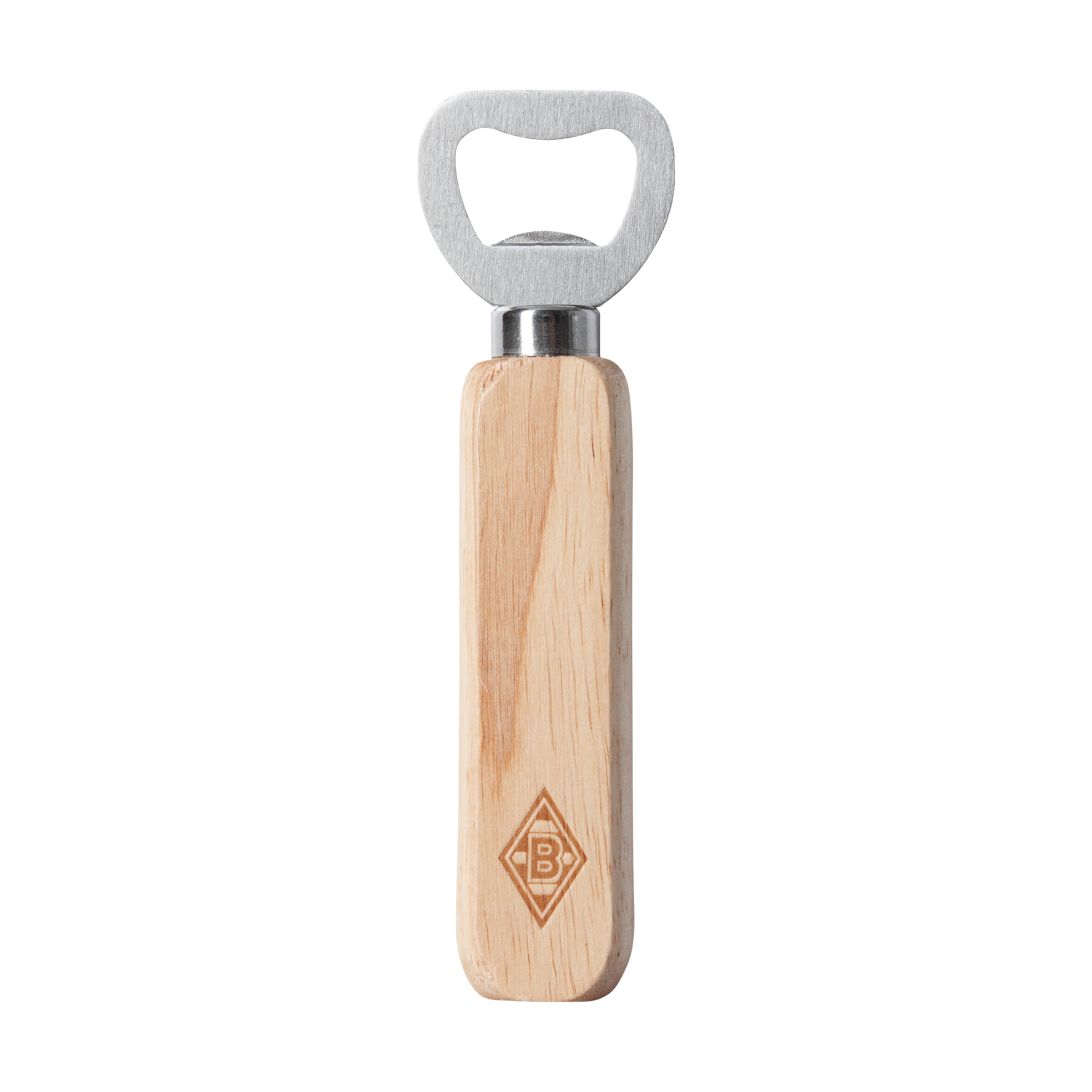 Wooden bottle opener with metal head and engraved Borussia Mönchengladbach logo.