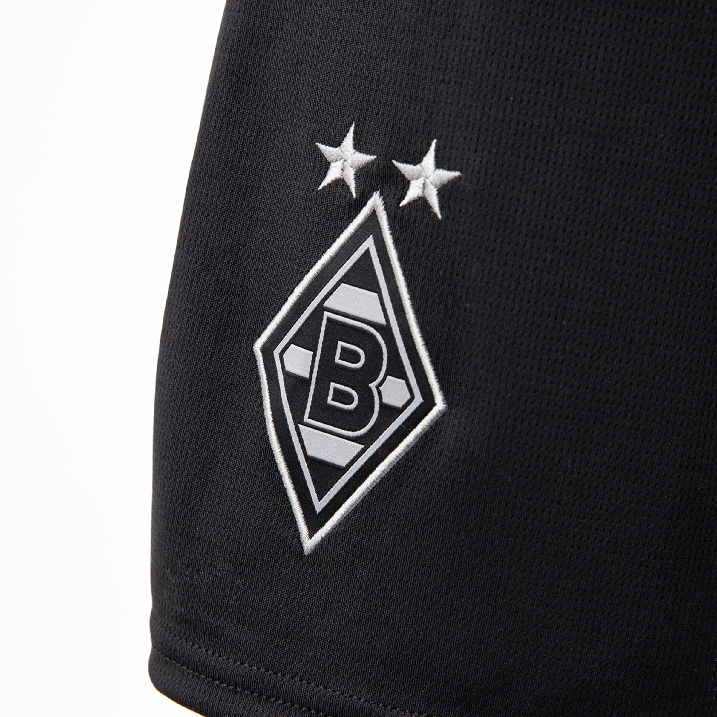 Logo von Borussia Mönchengladbach mit zwei Sternen auf schwarzem Hintergrund.