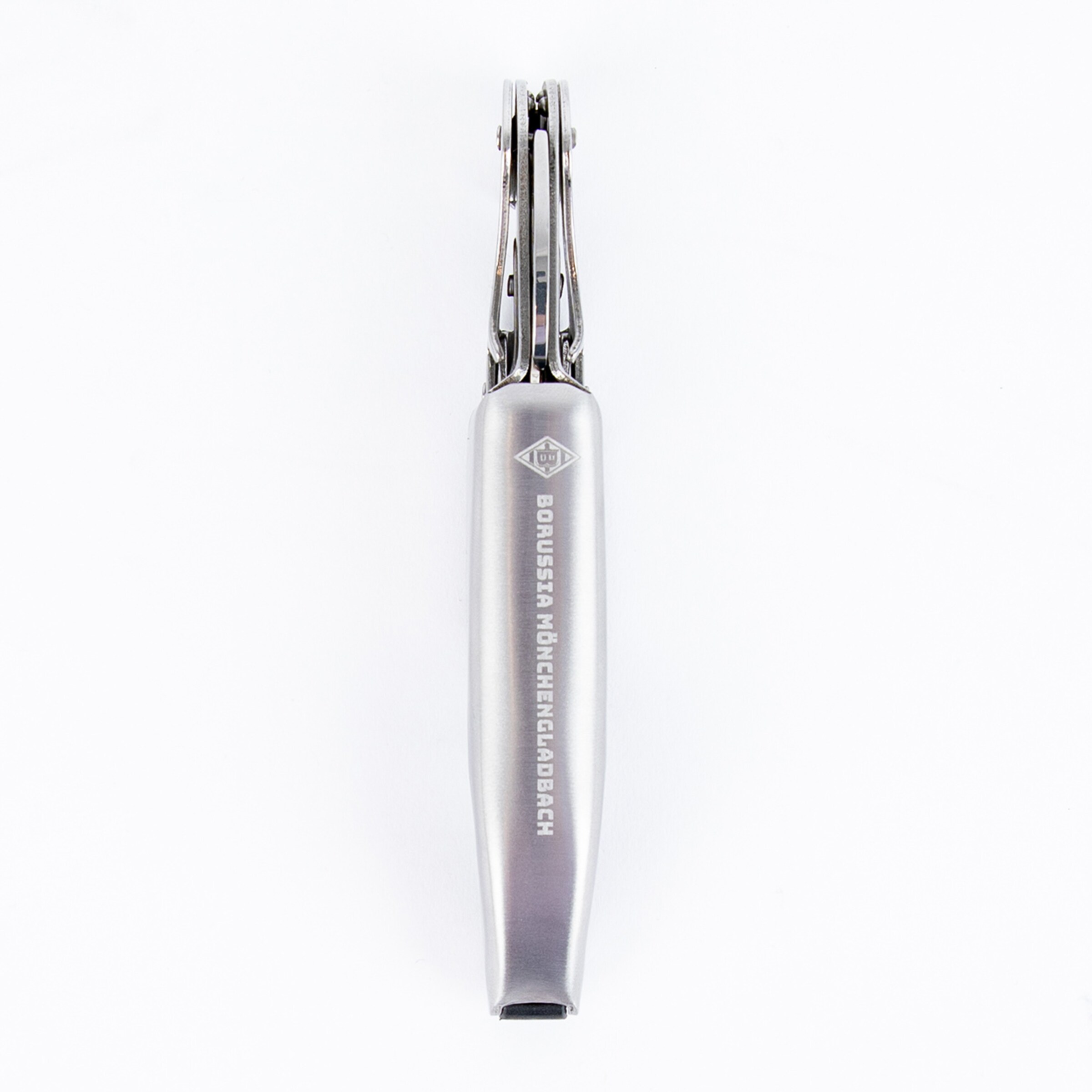 Ein graues Modell eines Trifold-Multitools mit dem eingravierten Schriftzug Borussia Mönchengladbach.