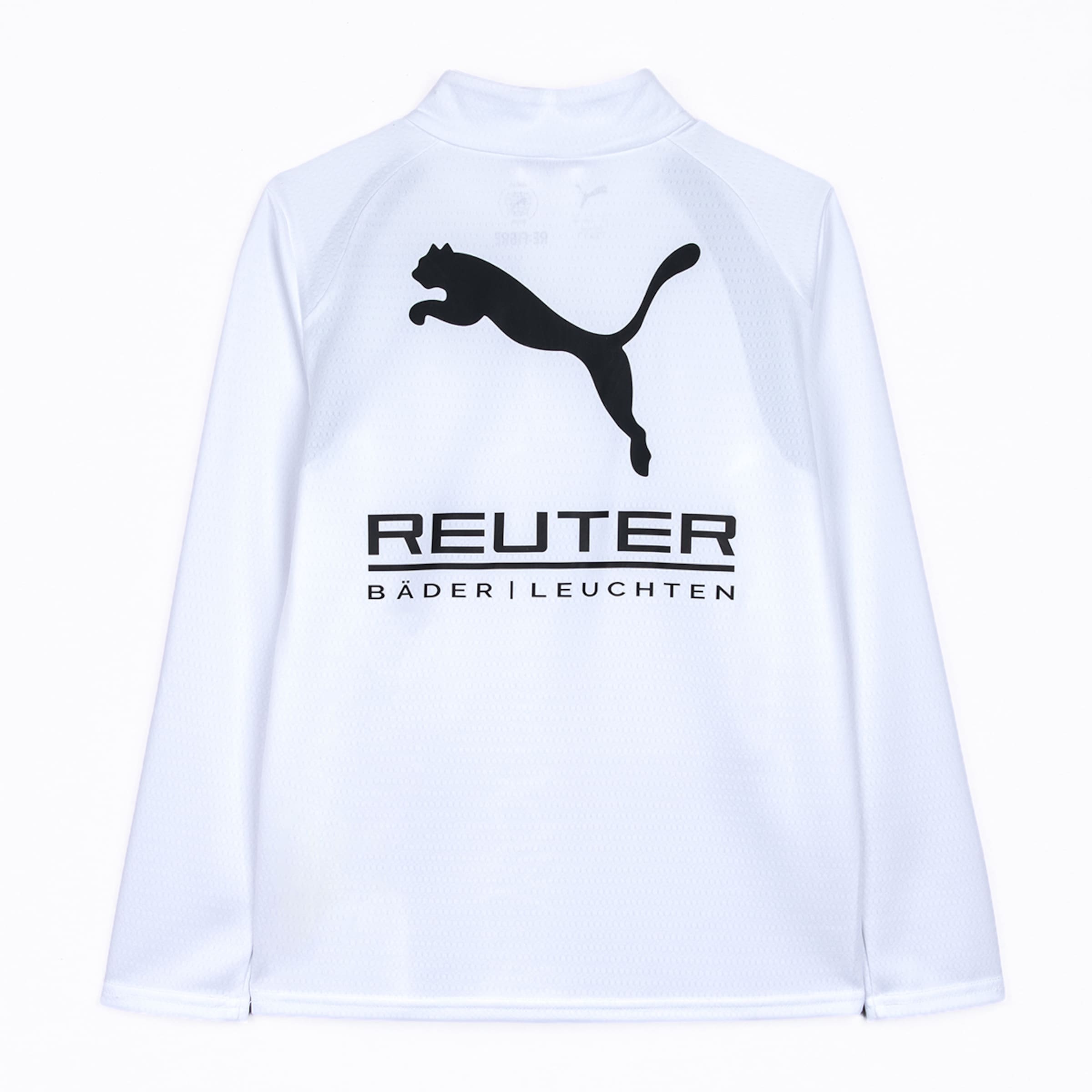 Back of a white long-sleeve Puma shirt featuring the black Puma logo above 'REUTER' and 'BÄDER | LEUCHTEN' text. The shirt has a high collar.
