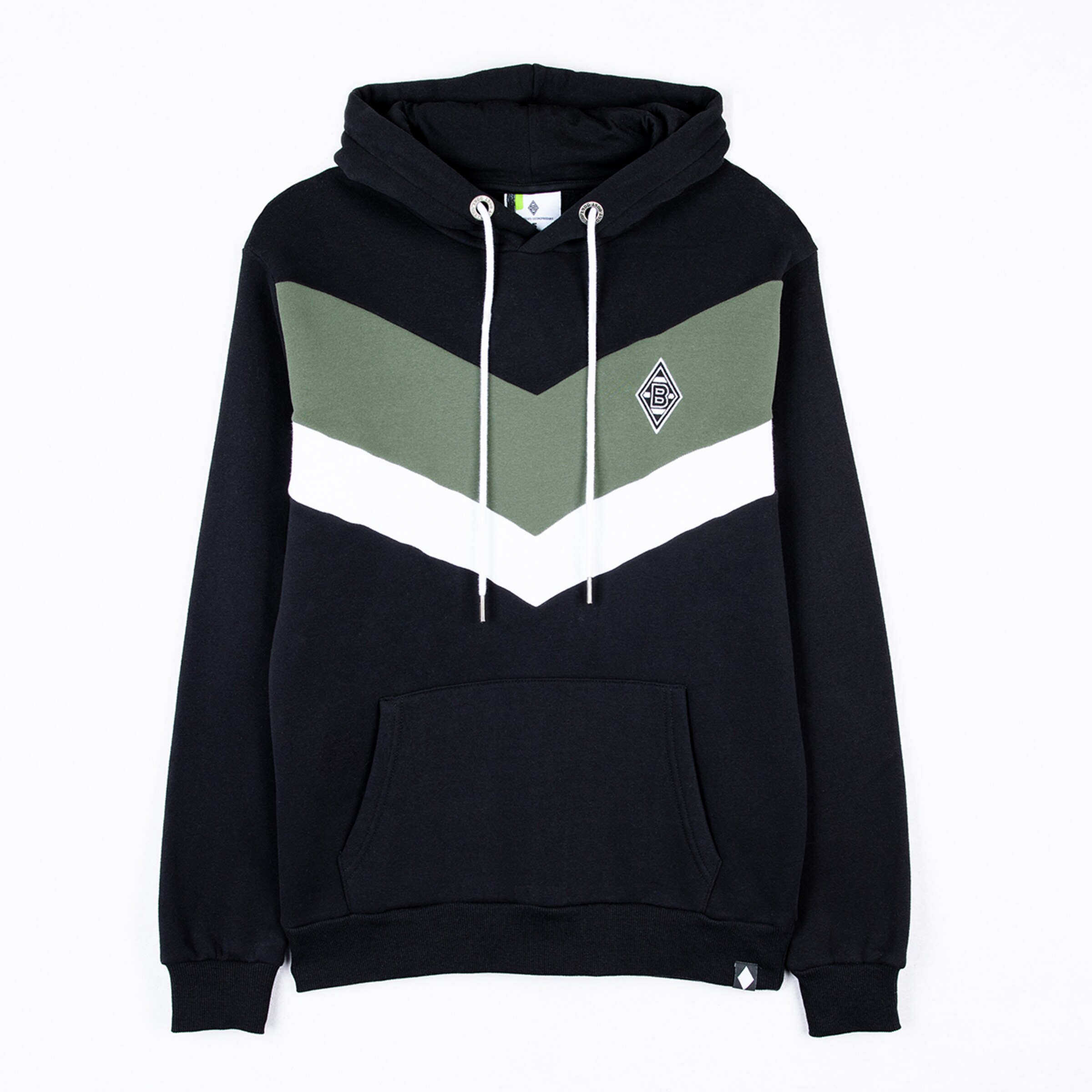 Schwarzer Kapuzenpullover mit grün-weißen V-förmigen Streifen und Borussia Mönchengladbach Logo.