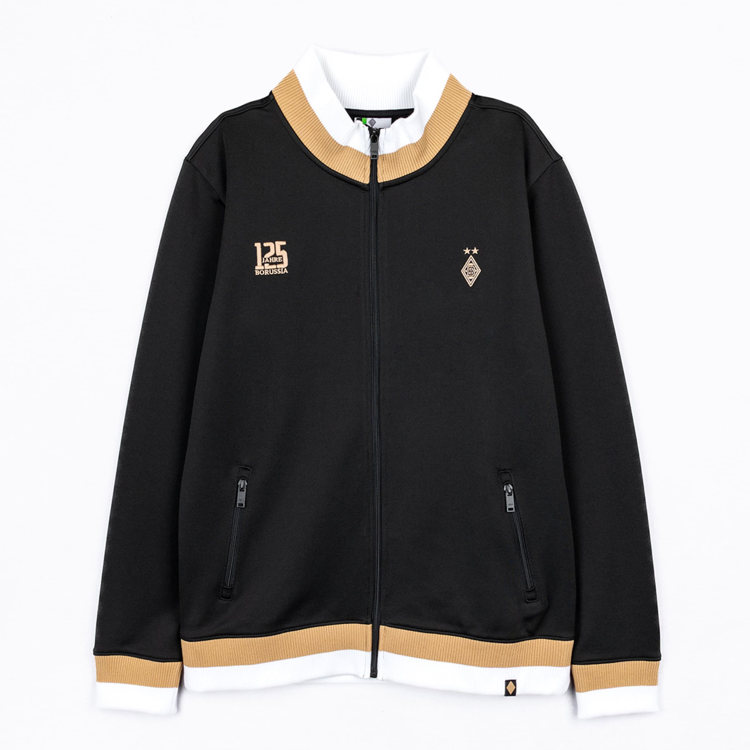 Schwarze Borussia Mönchengladbach Trainingsjacke zum 125. Jubiläum mit gold-weißen Details und gestickten Logos auf der Brust.