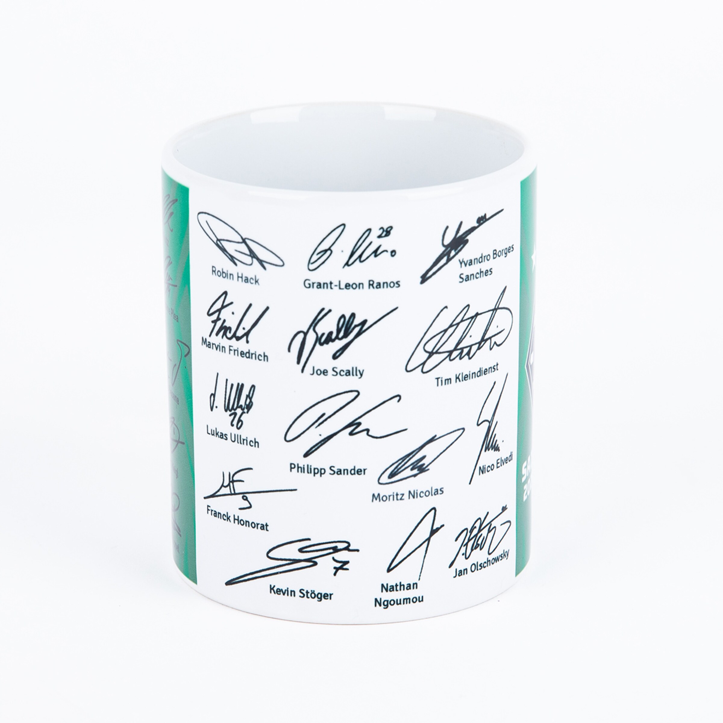 Tasse mit Unterschriften von Borussia Mönchengladbach Spielern.