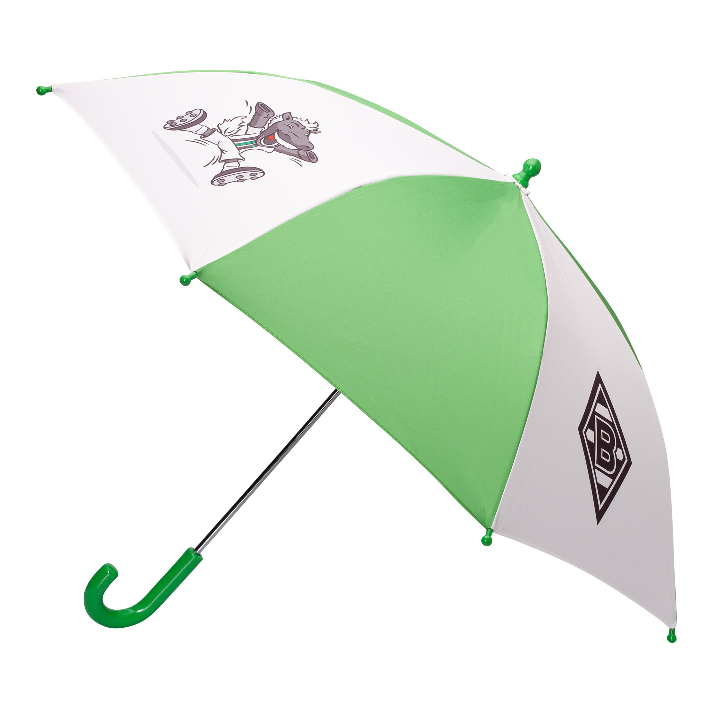 Grüner Regenschirm mit Borussia Mönchengladbach-Logo und Jünter-Motiv.