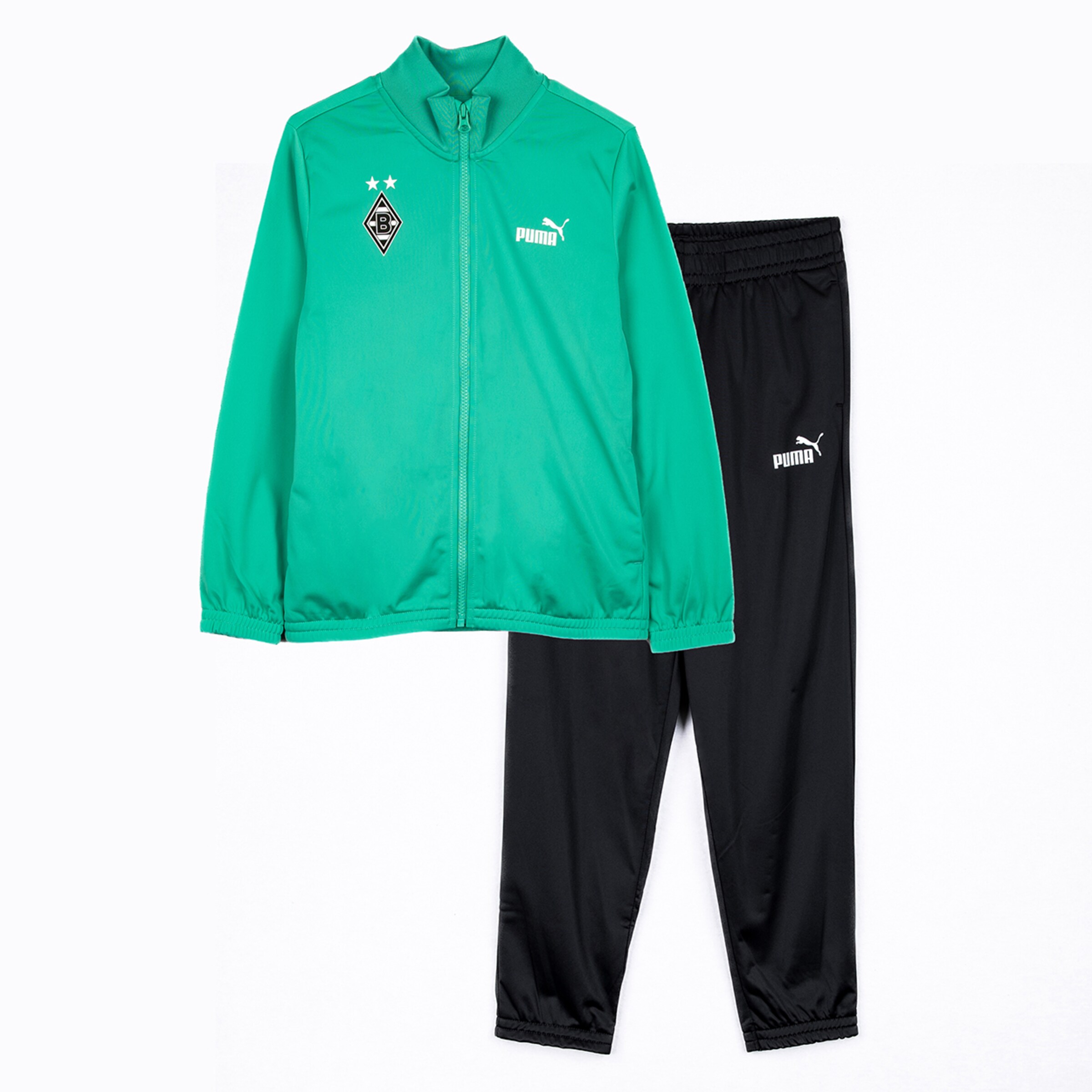 Puma Borussia Mönchengladbach tracksuit: Green zip-up jacket with team crest and black pants with white logo on a white background.