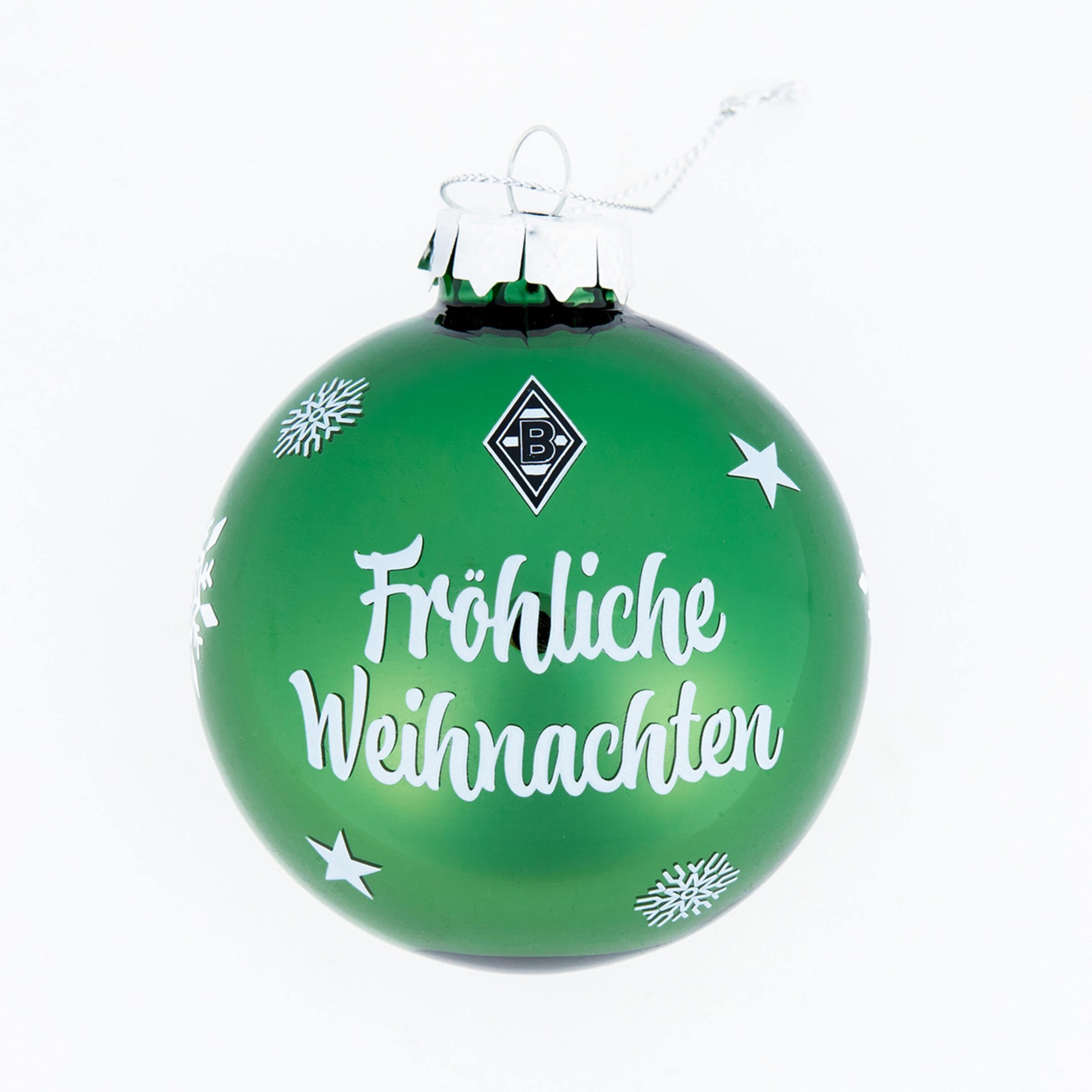Green Christmas ornament with the text Fröhliche Weihnachten and white snowflakes and stars.