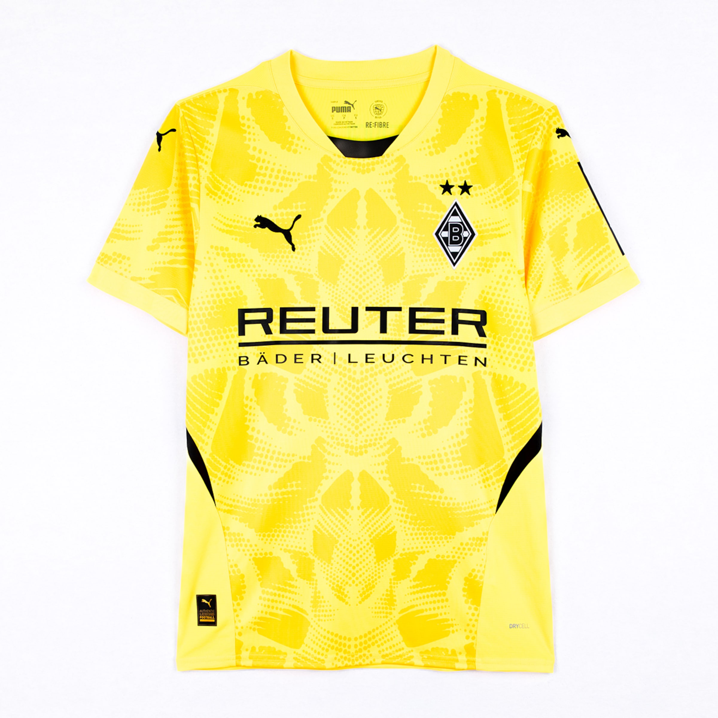 Gelbes Heimtrikot von Borussia Mönchengladbach mit Puma-Logo und Sponsor REUTER.