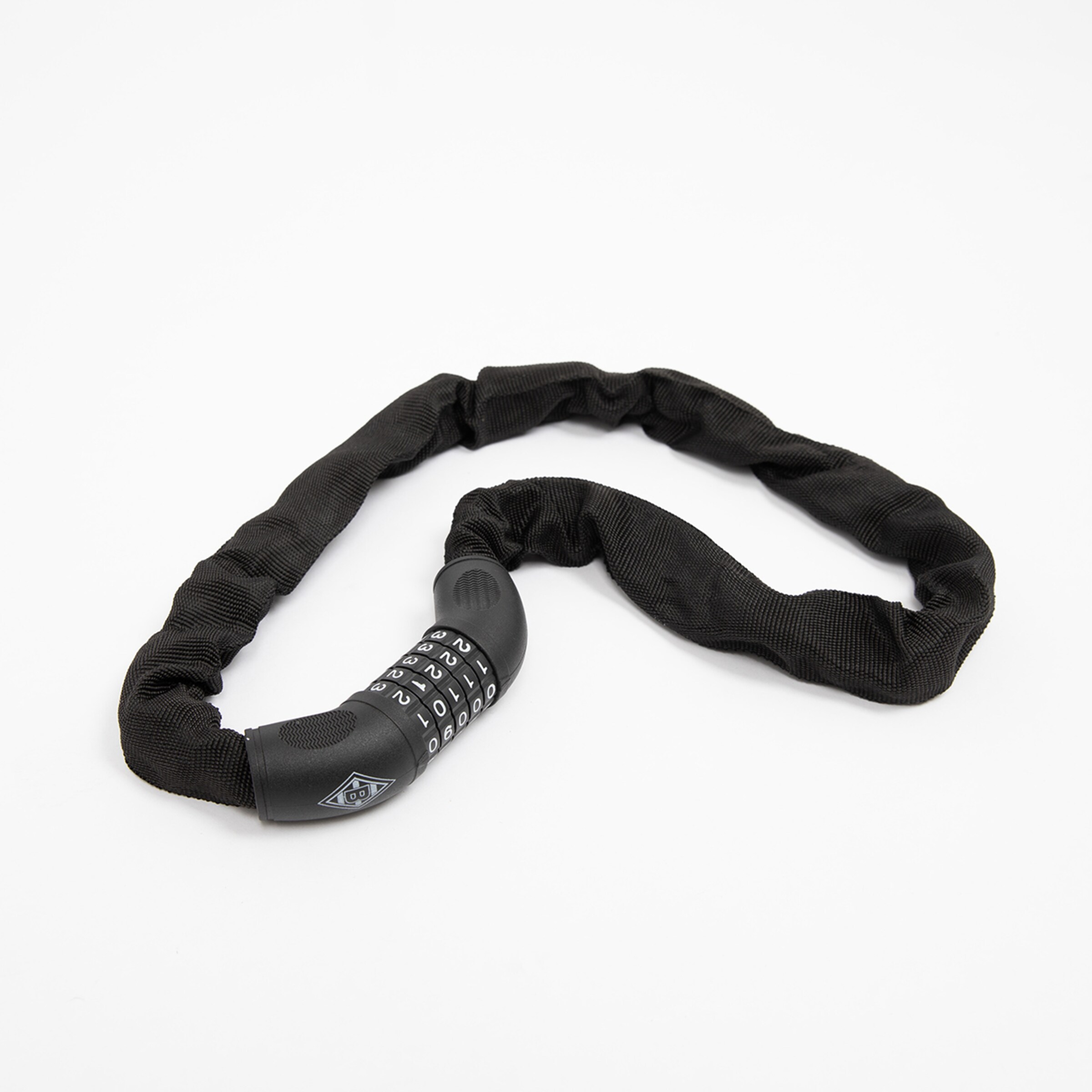 Black combination lock with chain designed for bicycles or other items.