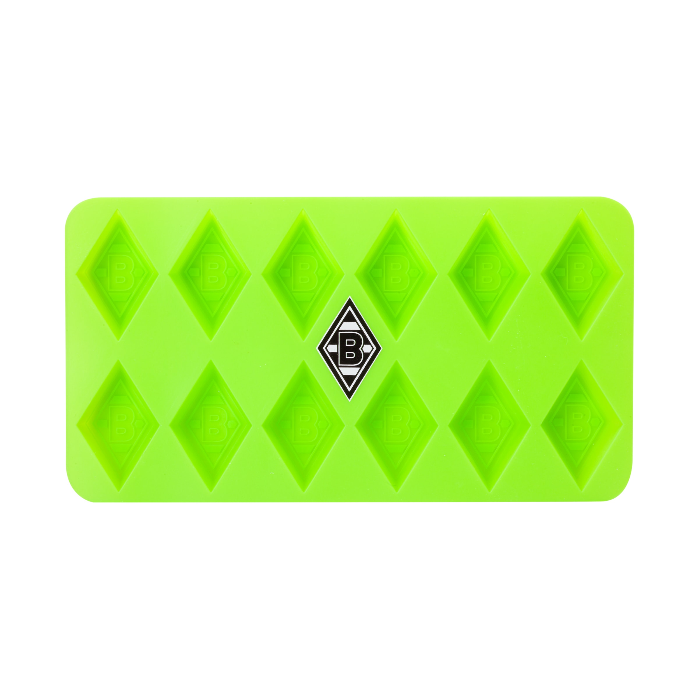 Grüne Silikon-Eiswürfelform mit Diamantformen und Borussia Mönchengladbach-Logo.